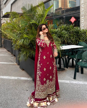Maroon Fox Georgette Embroidered Palazzo Suit with Dupatta – Heavy Coding Sequence Work | Wedding & Festive Wear