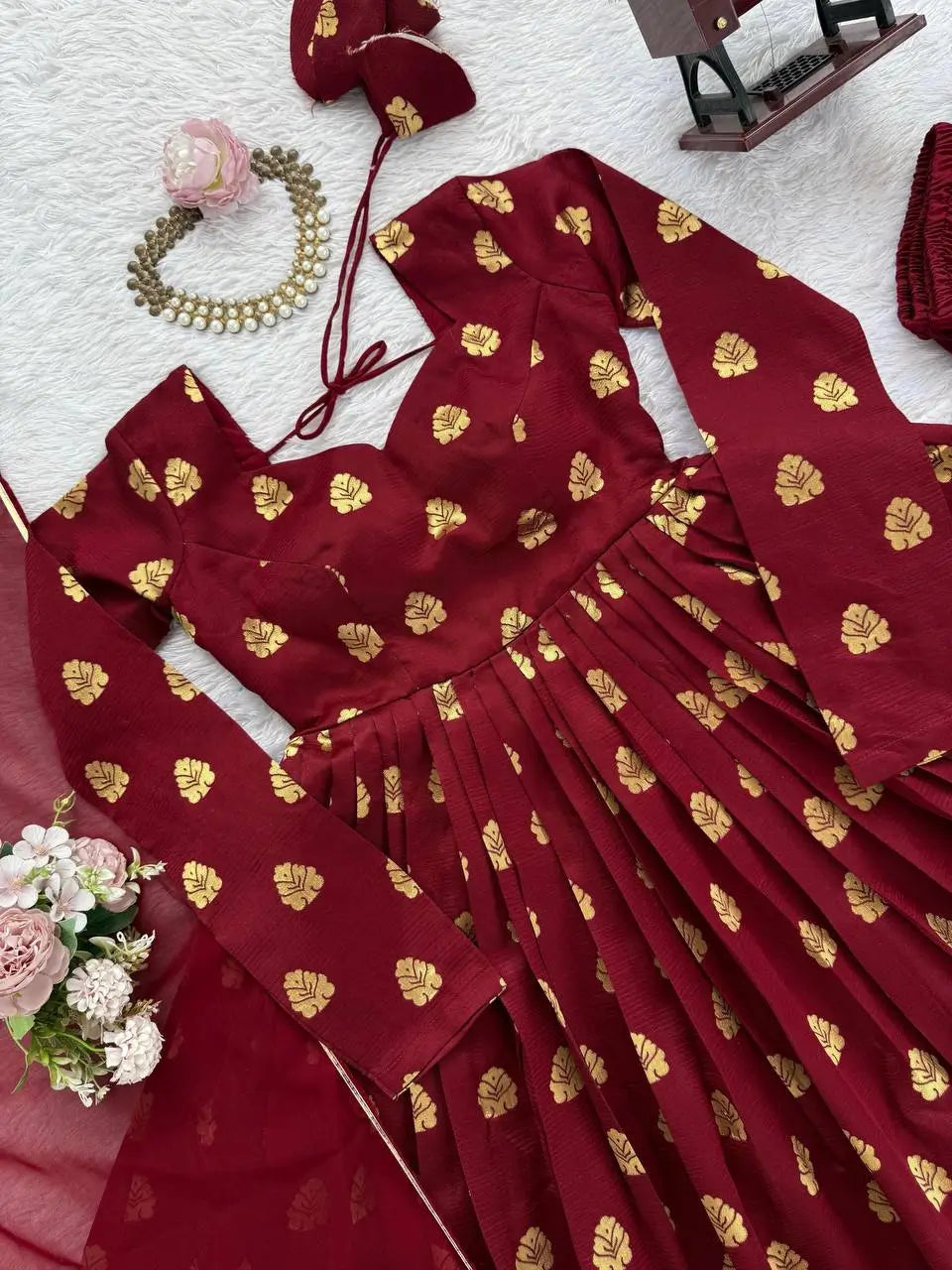 Maroon Jacquard Weaving Anarkali Set with Dupatta