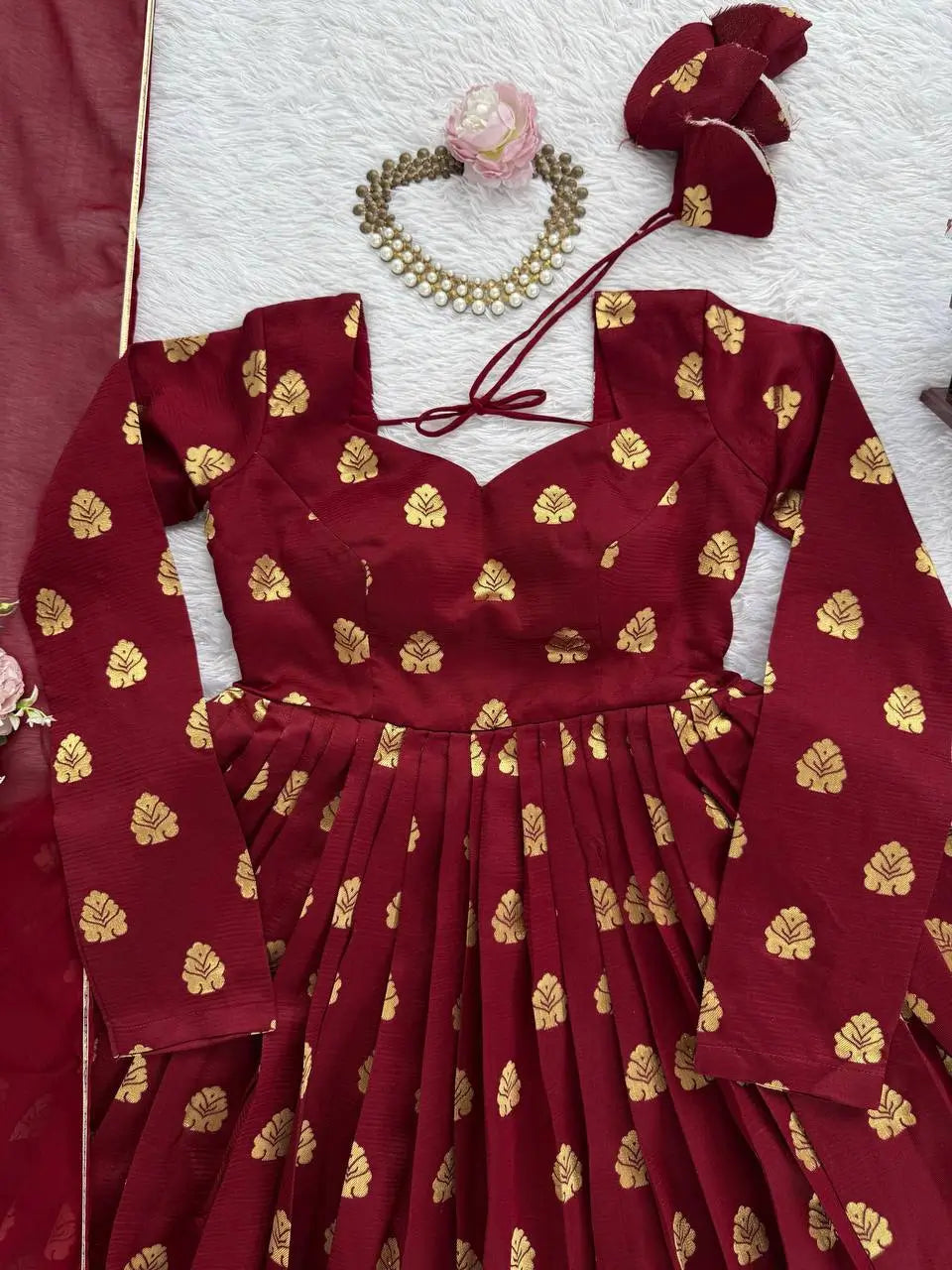 Maroon Jacquard Weaving Anarkali Set with Dupatta