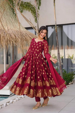 Maroon Jacquard Weaving Anarkali Set with Dupatta
