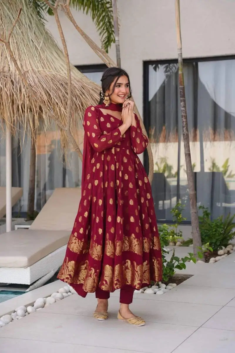 Maroon Jacquard Weaving Anarkali Set with Dupatta