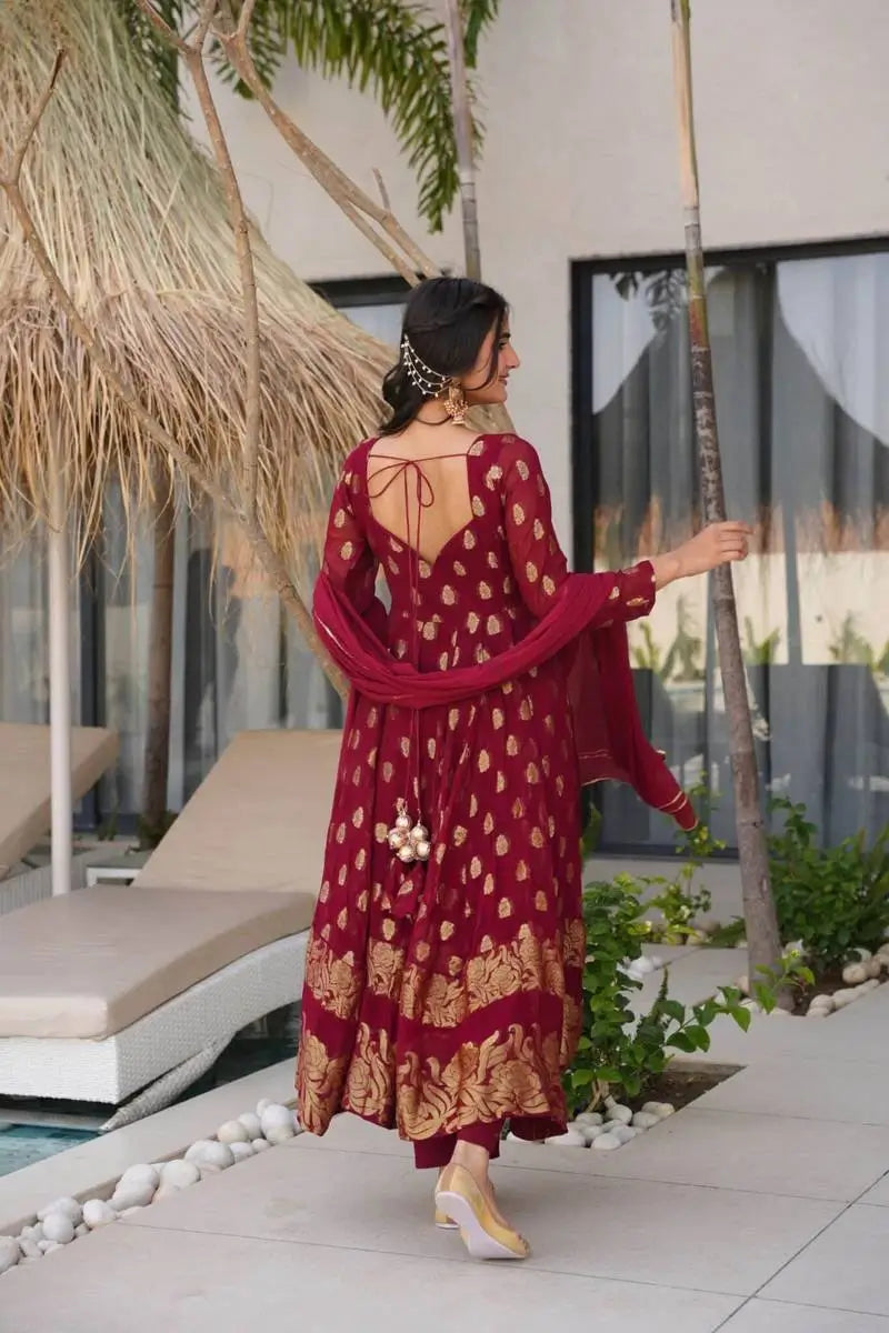 Maroon Jacquard Weaving Anarkali Set with Dupatta