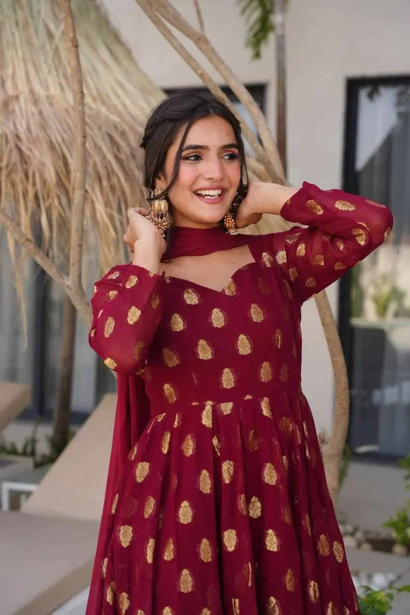 Maroon Jacquard Weaving Anarkali Set with Dupatta
