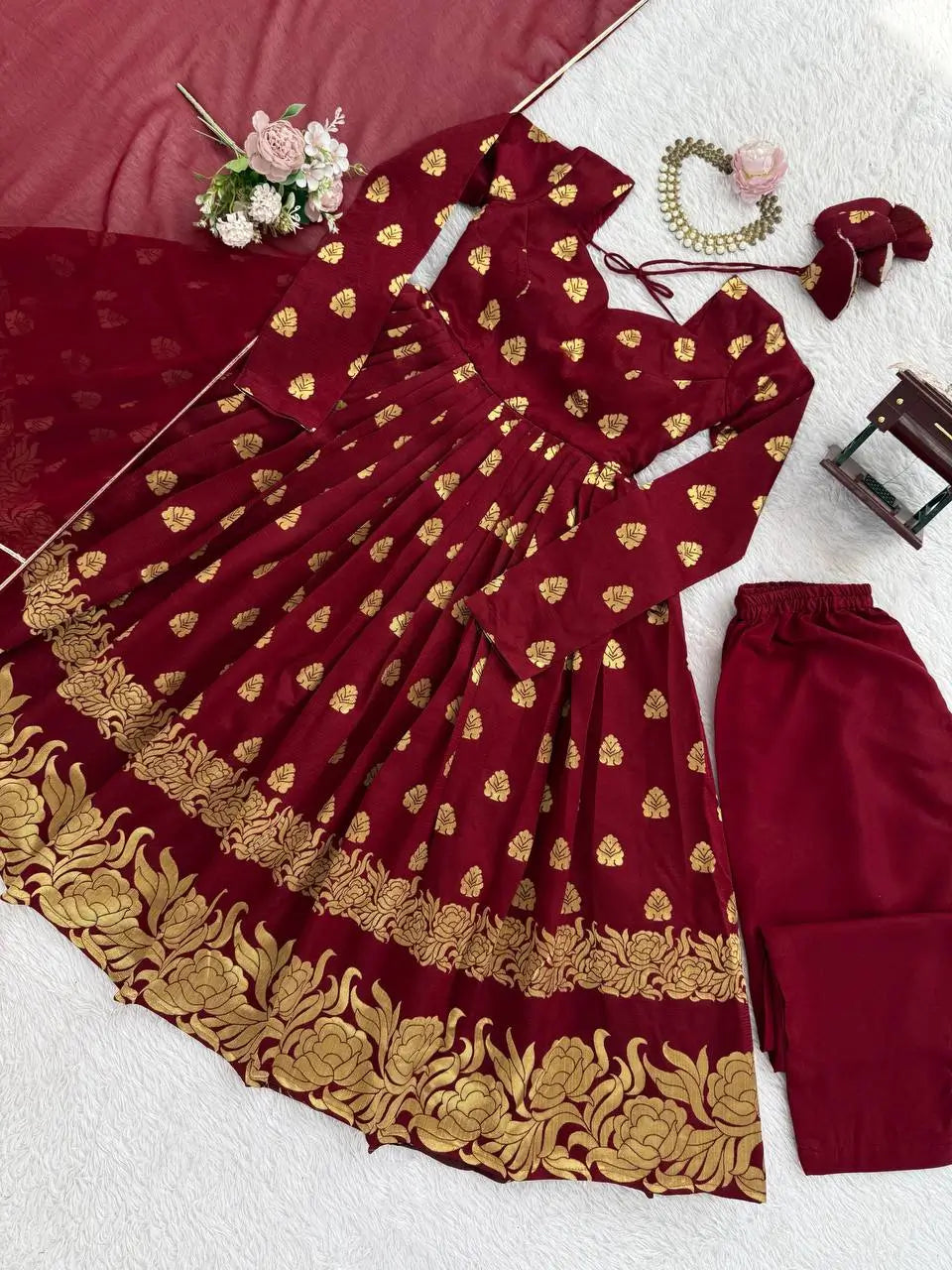 Maroon Jacquard Weaving Anarkali Set with Dupatta