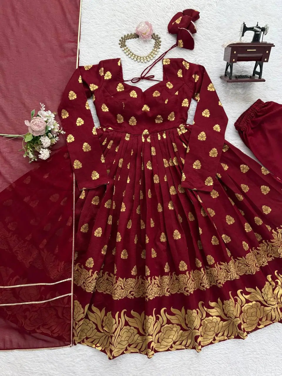 Maroon Jacquard Weaving Anarkali Set with Dupatta