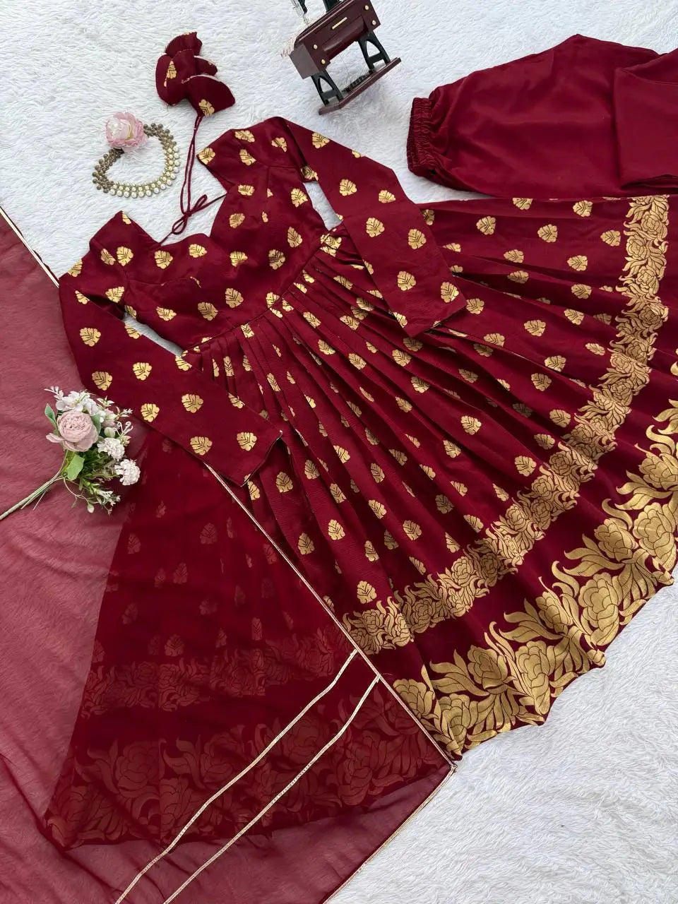 Maroon Jacquard Weaving Anarkali Set with Dupatta