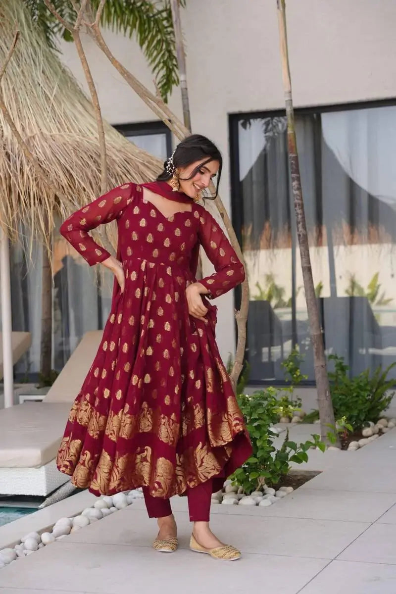 Maroon Jacquard Weaving Anarkali Set with Dupatta