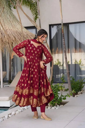 Maroon Jacquard Weaving Anarkali Set with Dupatta