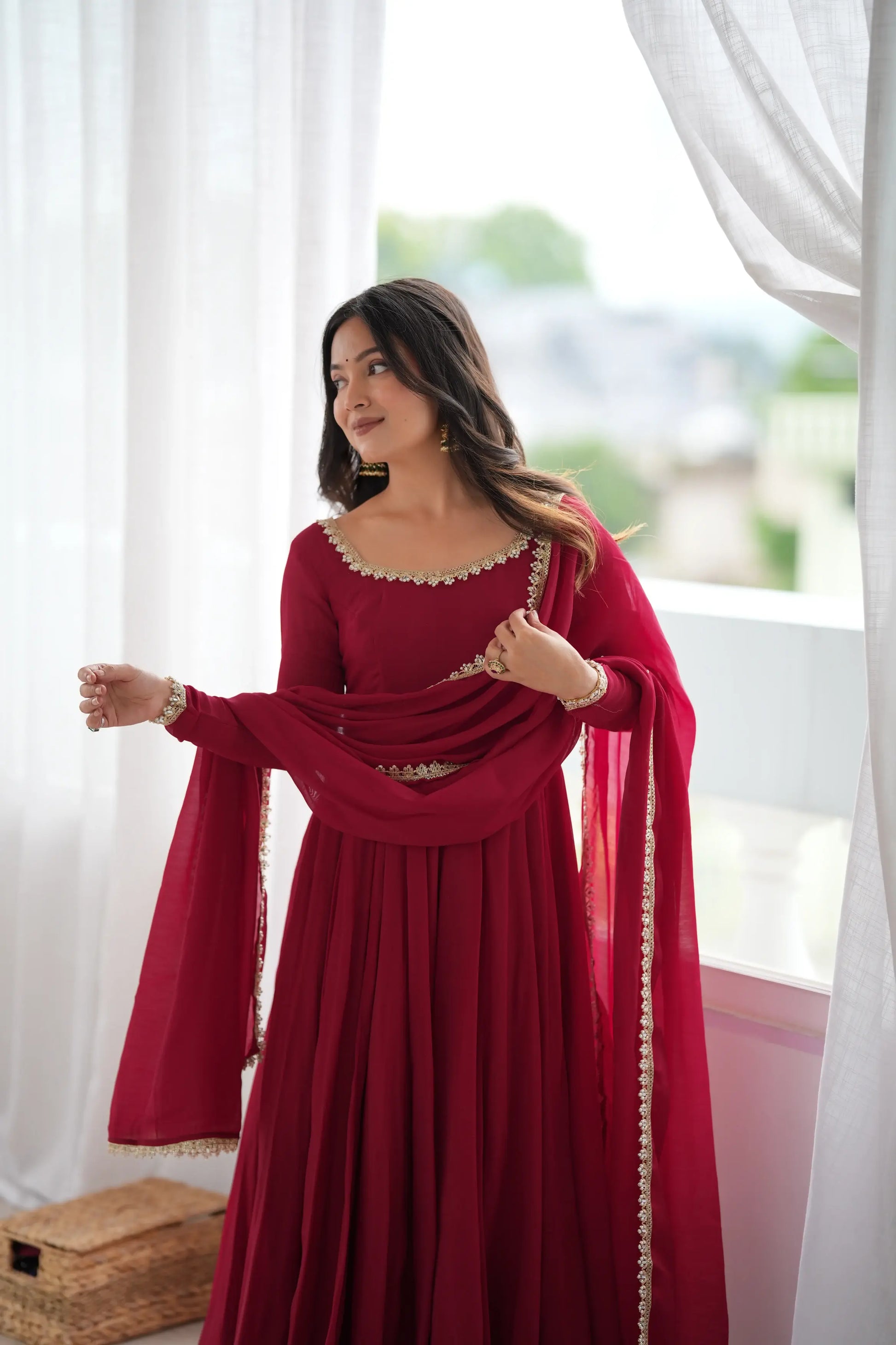Maroon Mirror-Work Anarkali Gown