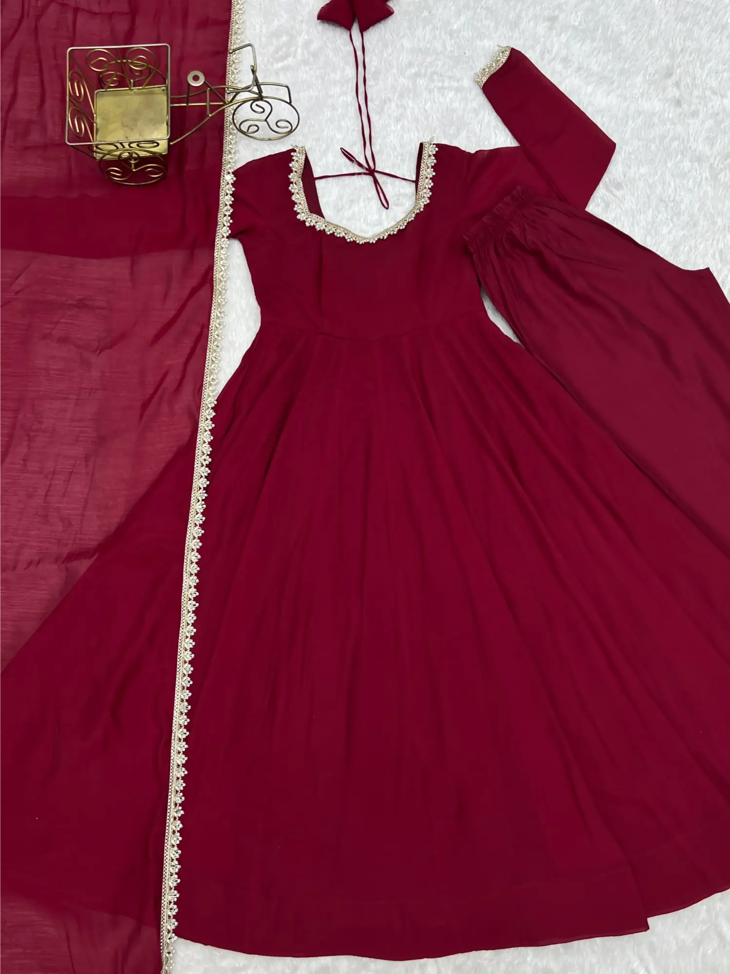 Maroon Mirror-Work Anarkali Gown