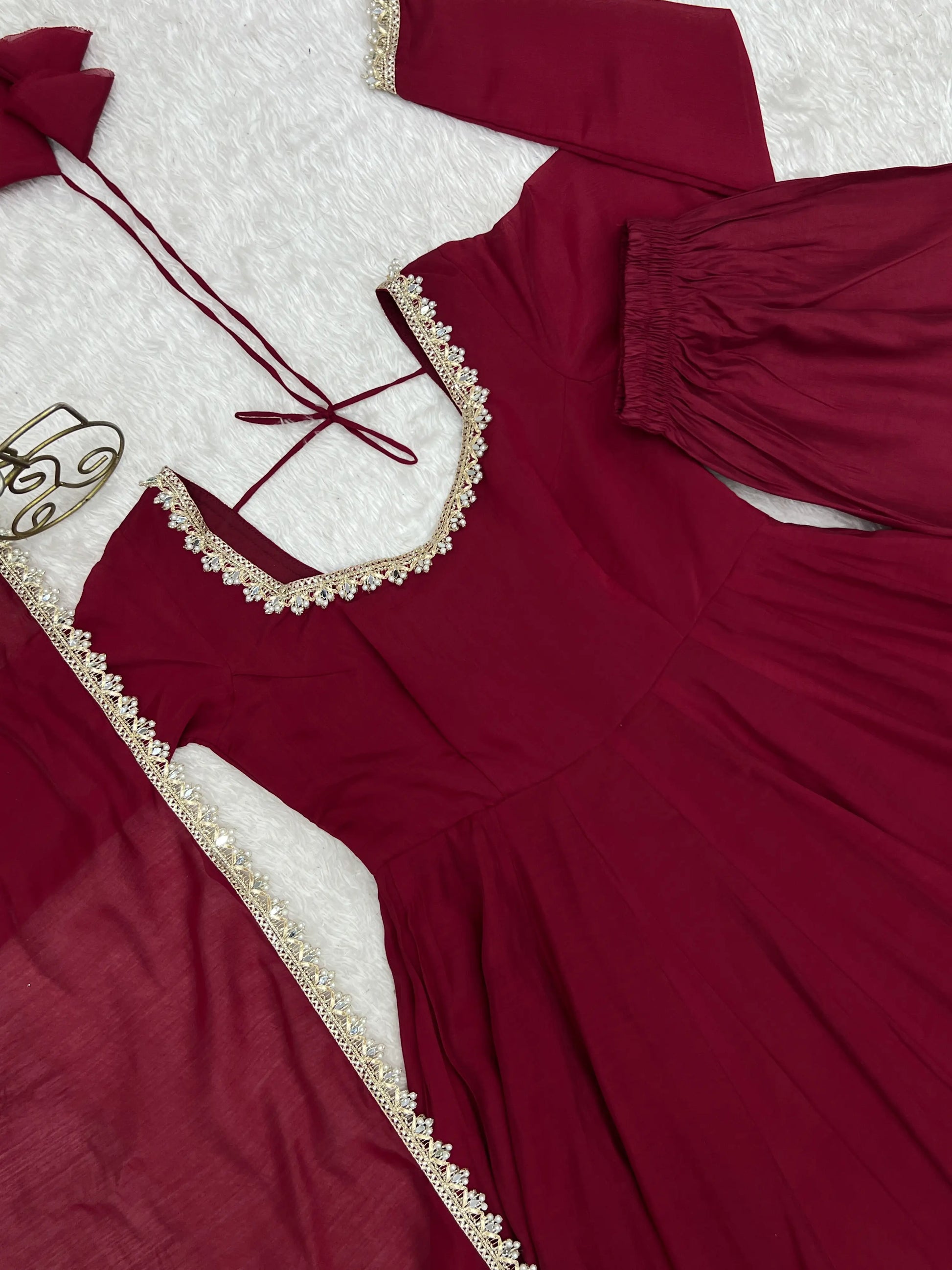 Maroon Mirror-Work Anarkali Gown