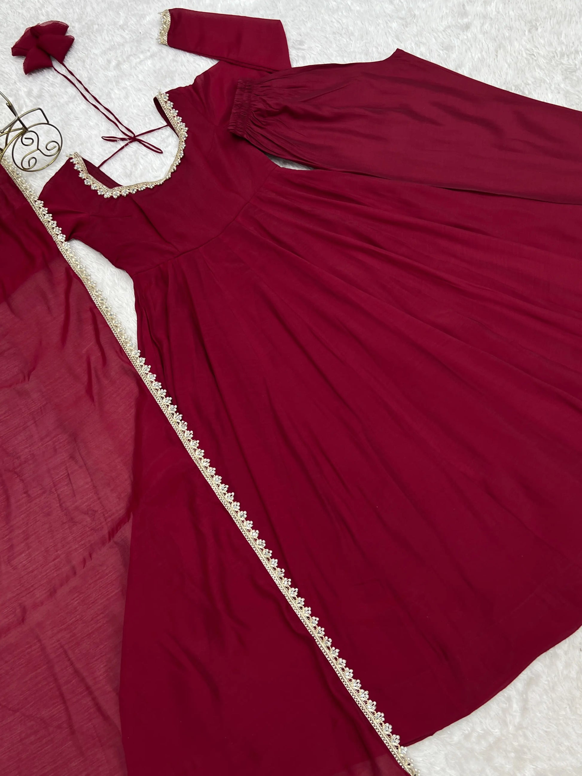 Maroon Mirror-Work Anarkali Gown