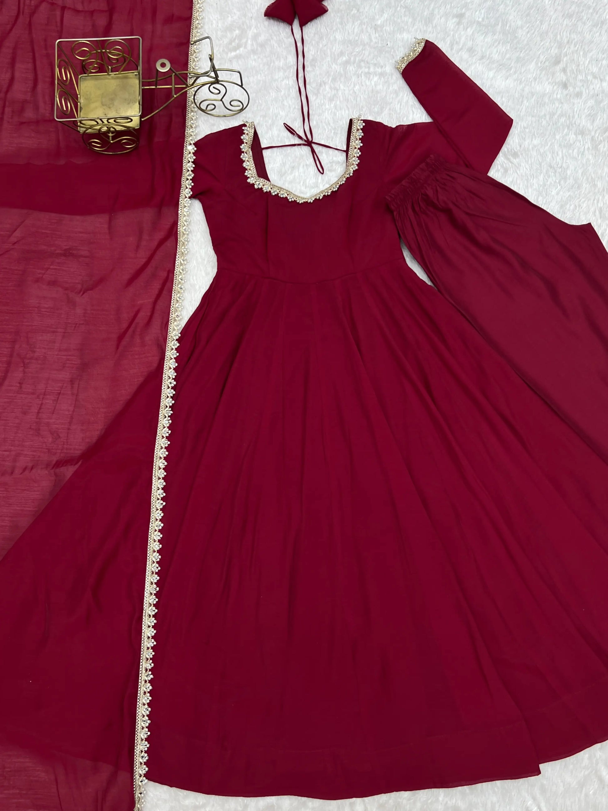 Maroon Mirror-Work Anarkali Gown