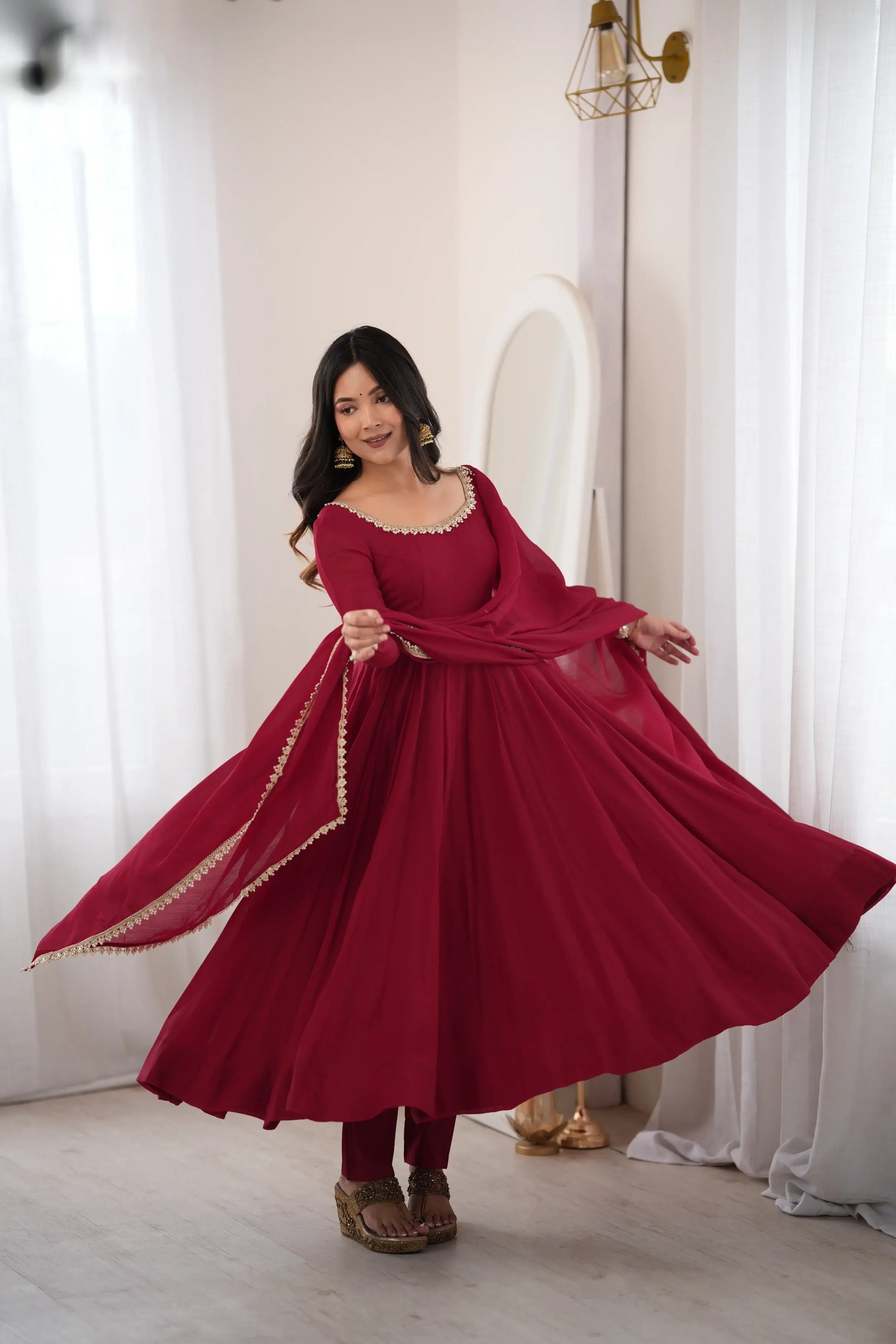 Maroon Mirror-Work Anarkali Gown