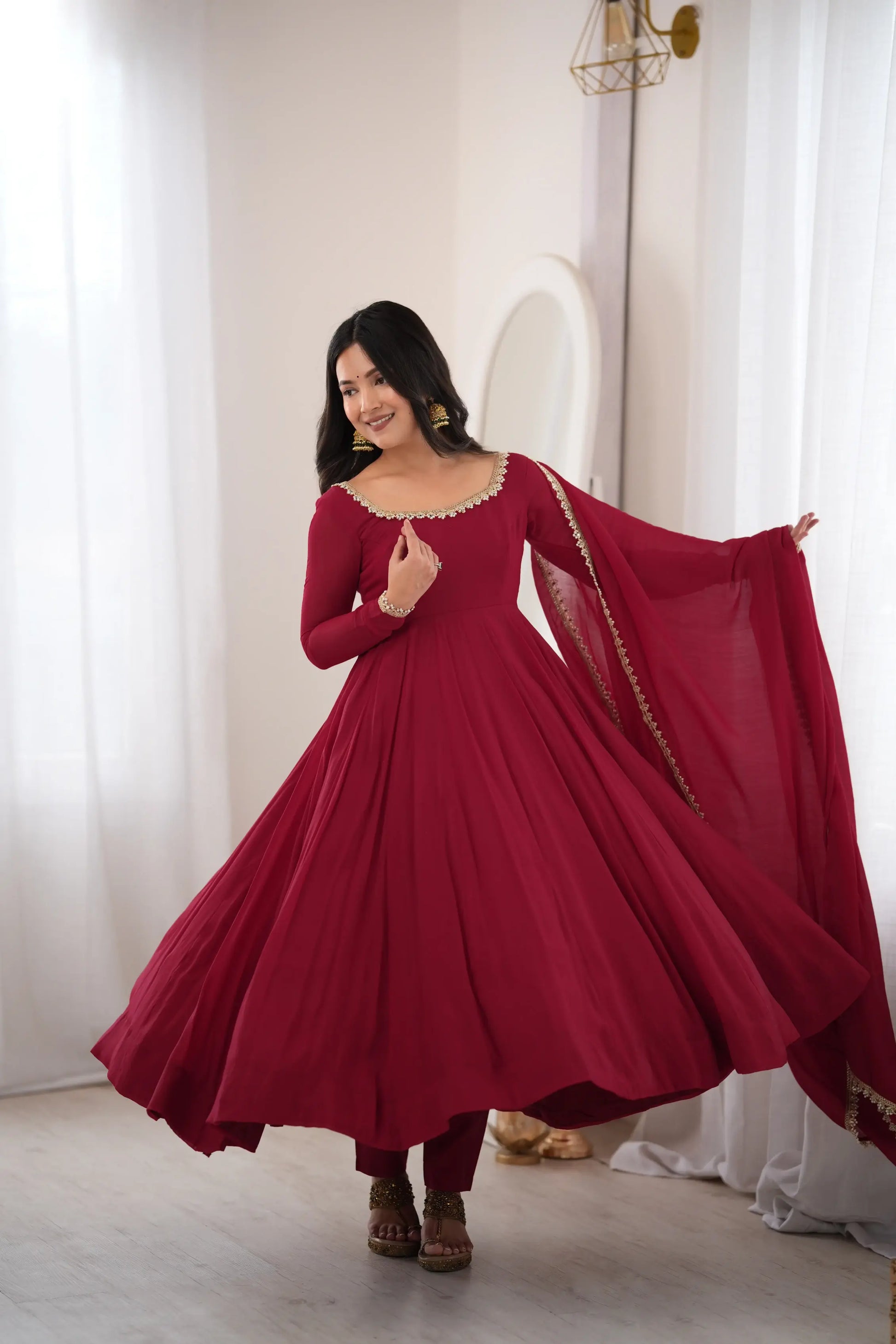 Maroon Mirror-Work Anarkali Gown