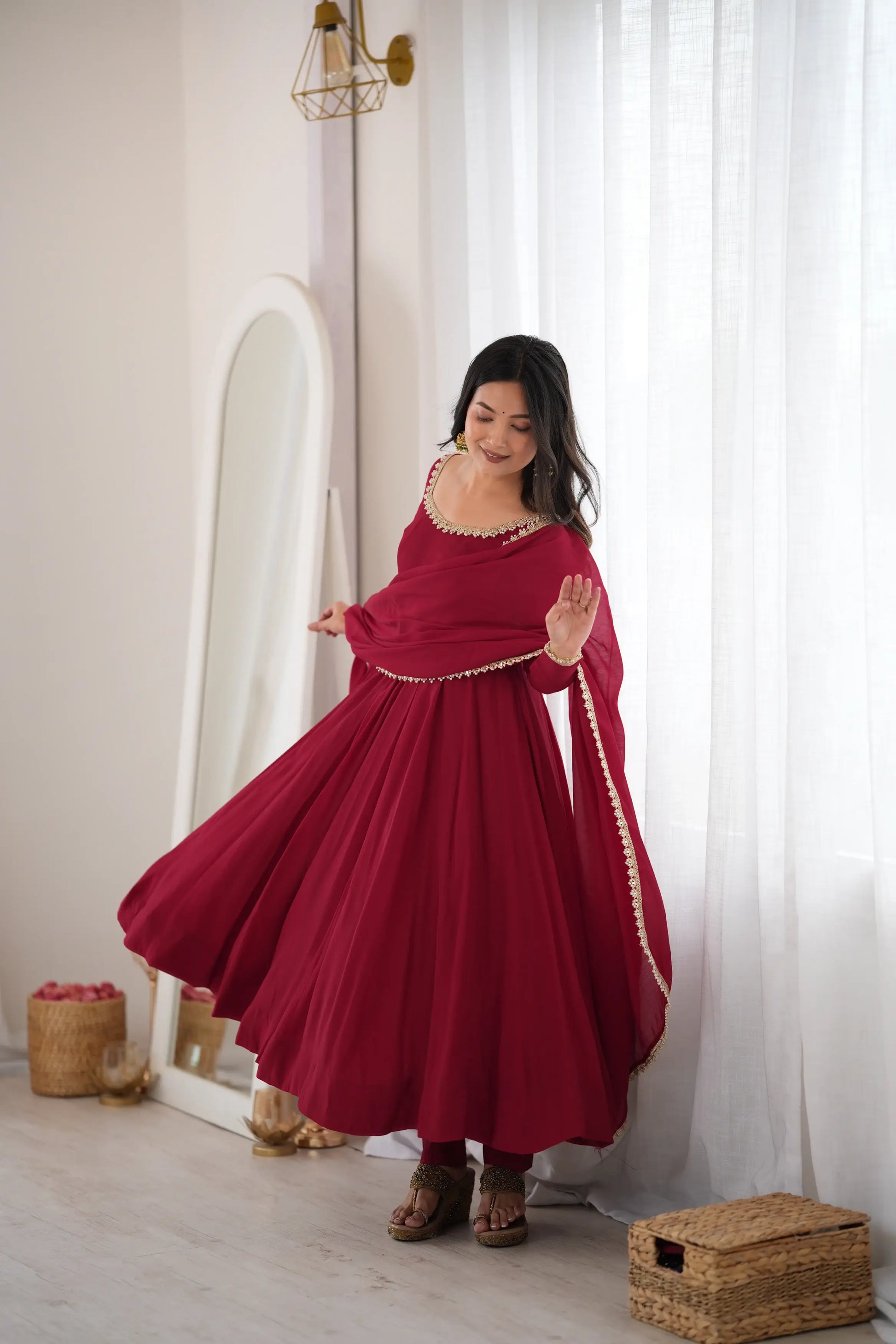 Maroon Mirror-Work Anarkali Gown