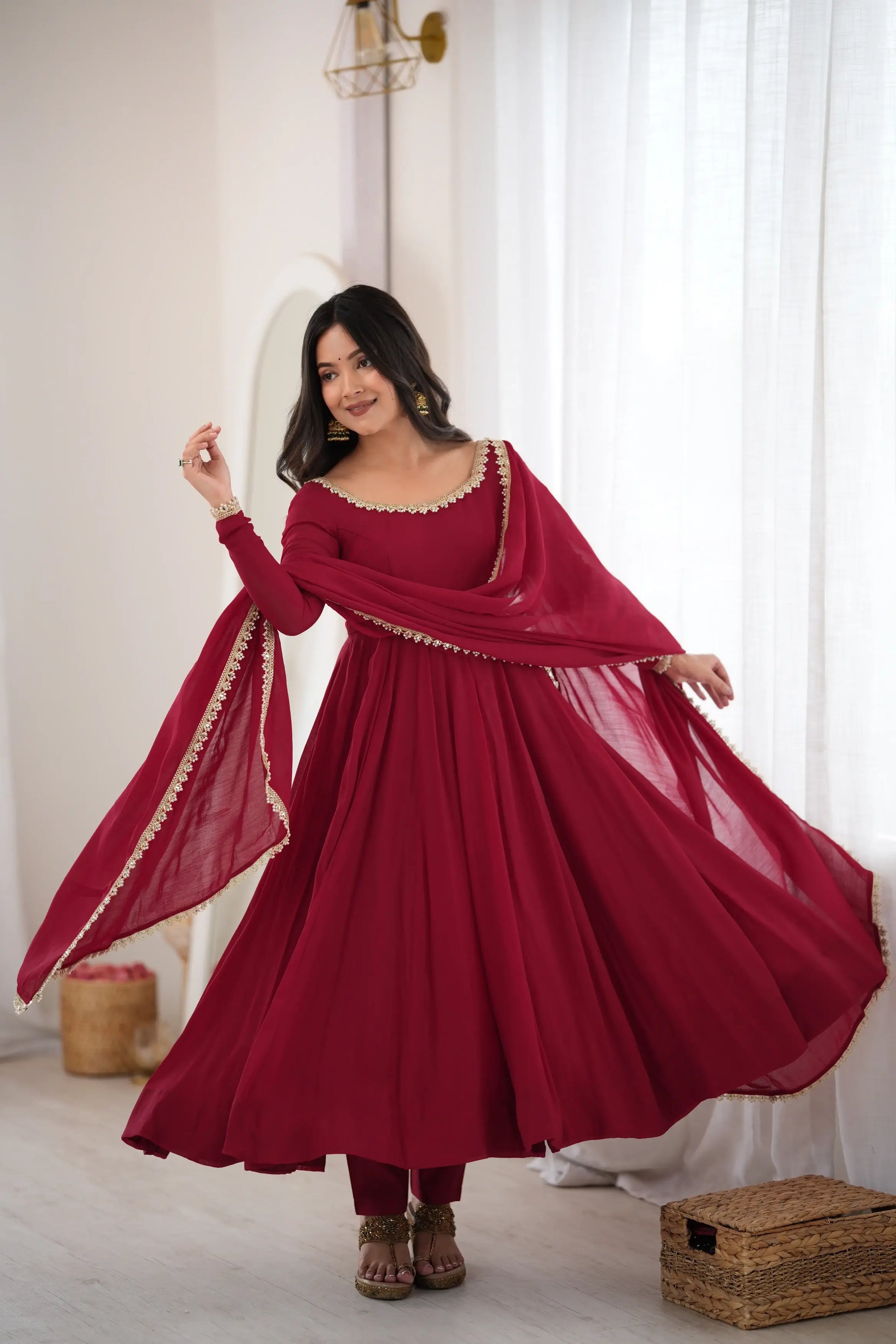 Maroon Mirror-Work Anarkali Gown