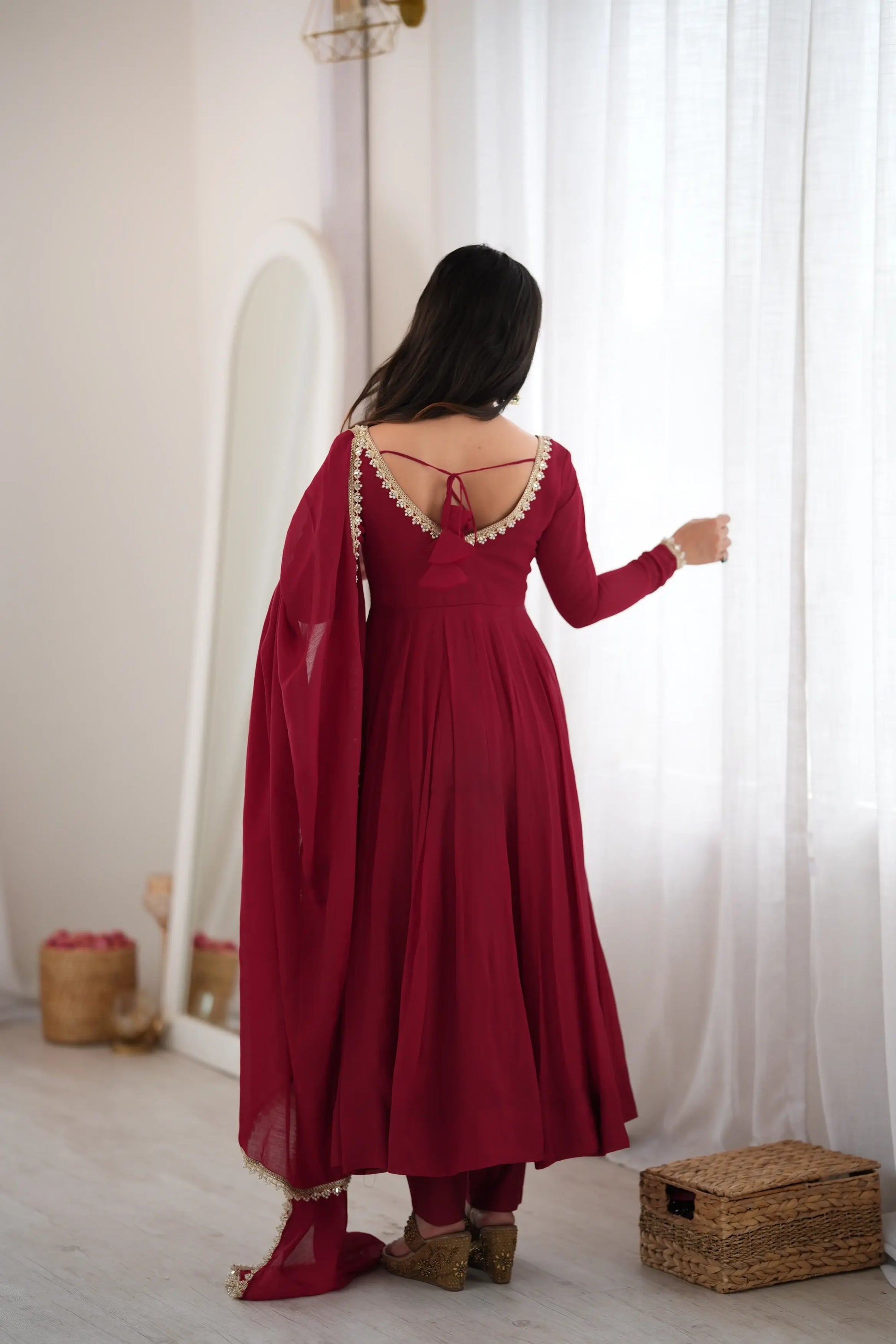 Maroon Mirror-Work Anarkali Gown