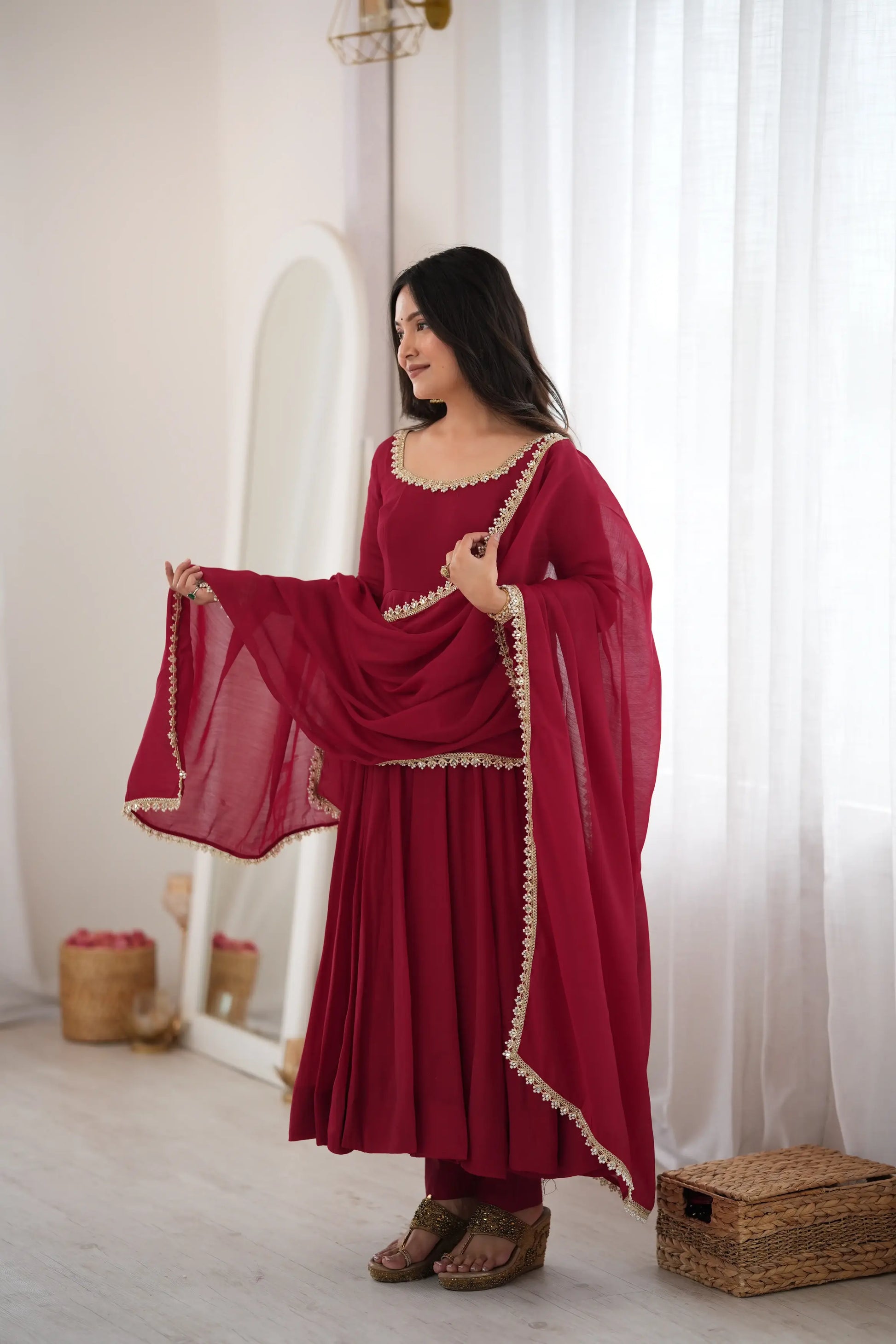 Maroon Mirror-Work Anarkali Gown