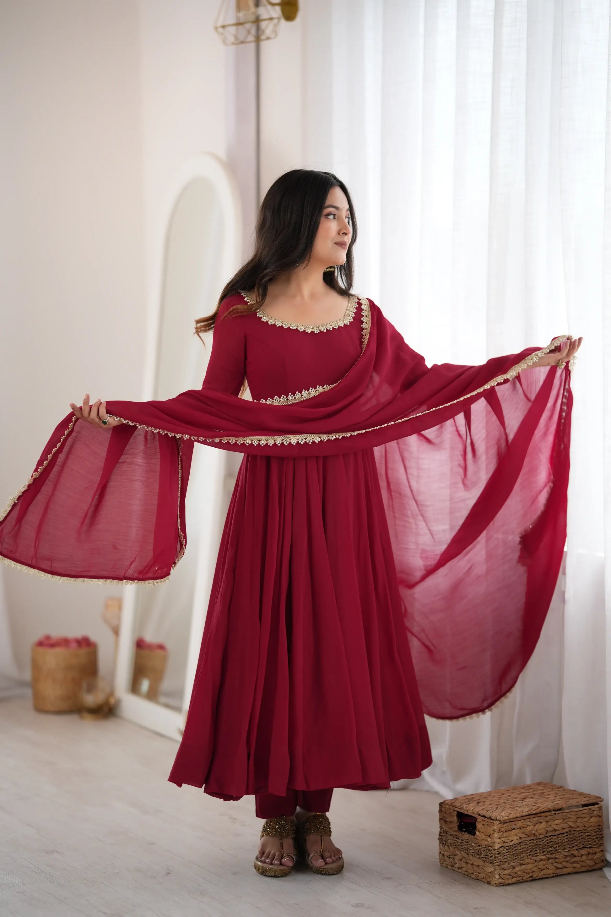 Maroon Mirror-Work Anarkali Gown