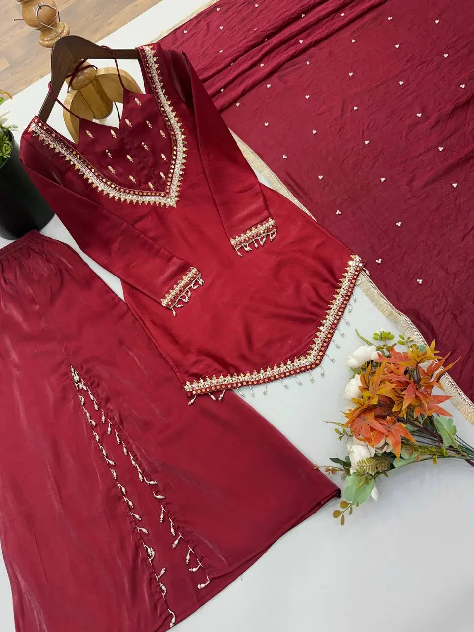 Maroon Mirror Work Palazzo Set