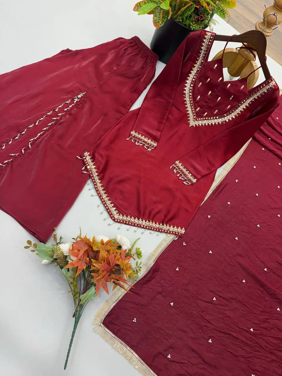 Maroon Mirror Work Palazzo Set