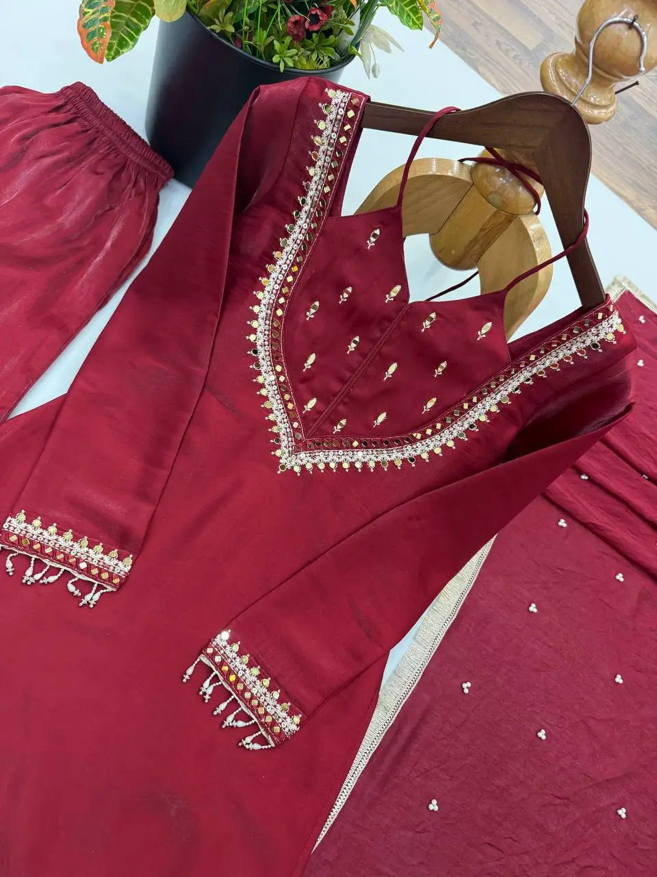 Maroon Mirror Work Palazzo Set