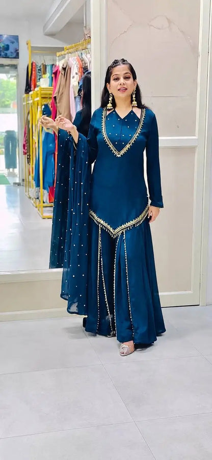 Maroon Mirror Work Palazzo Set