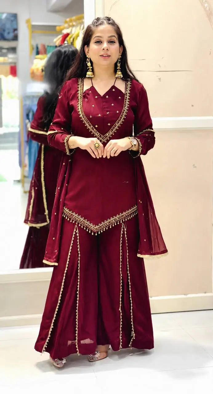Maroon Mirror Work Palazzo Set