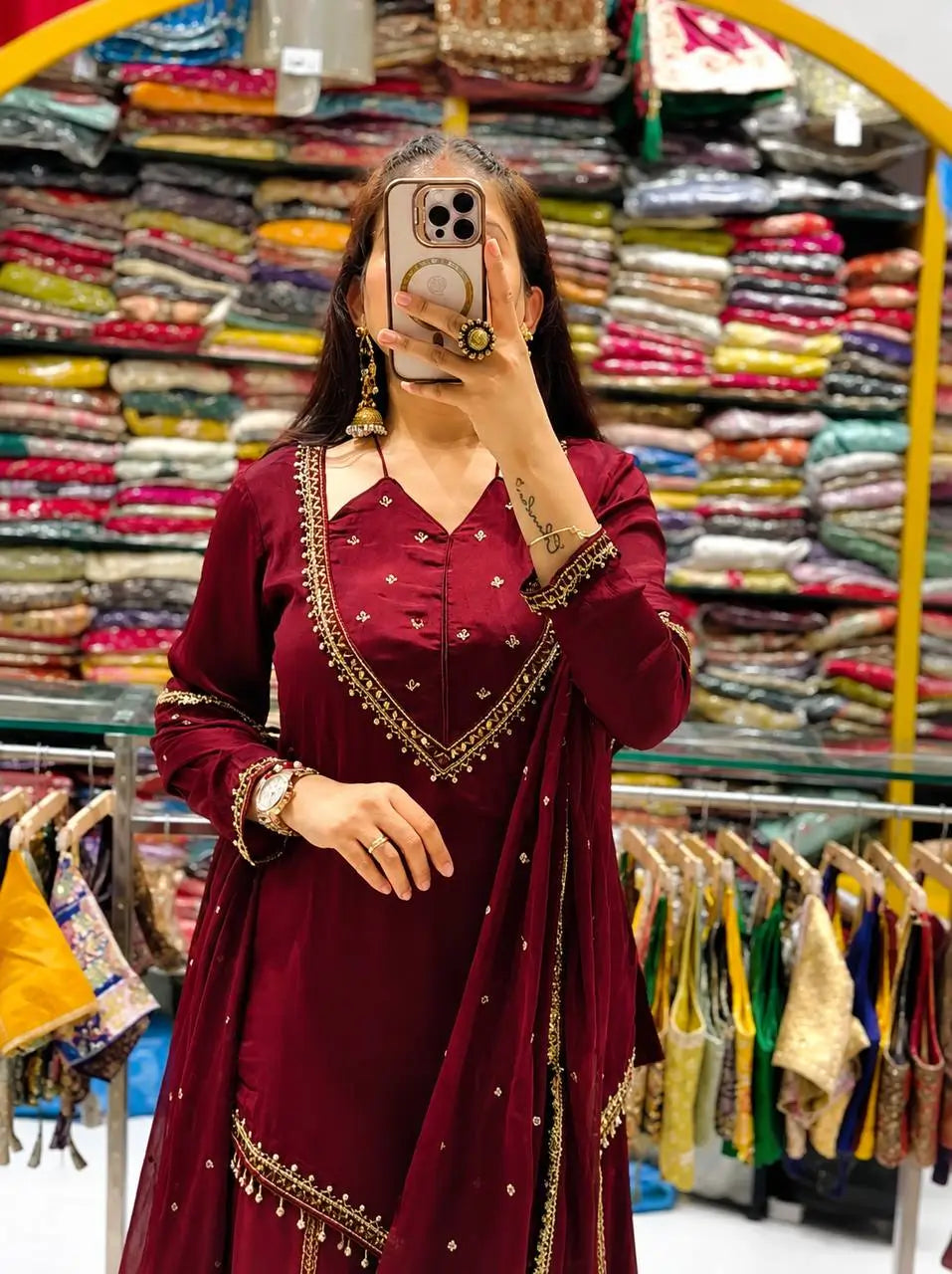 Maroon Mirror Work Palazzo Set