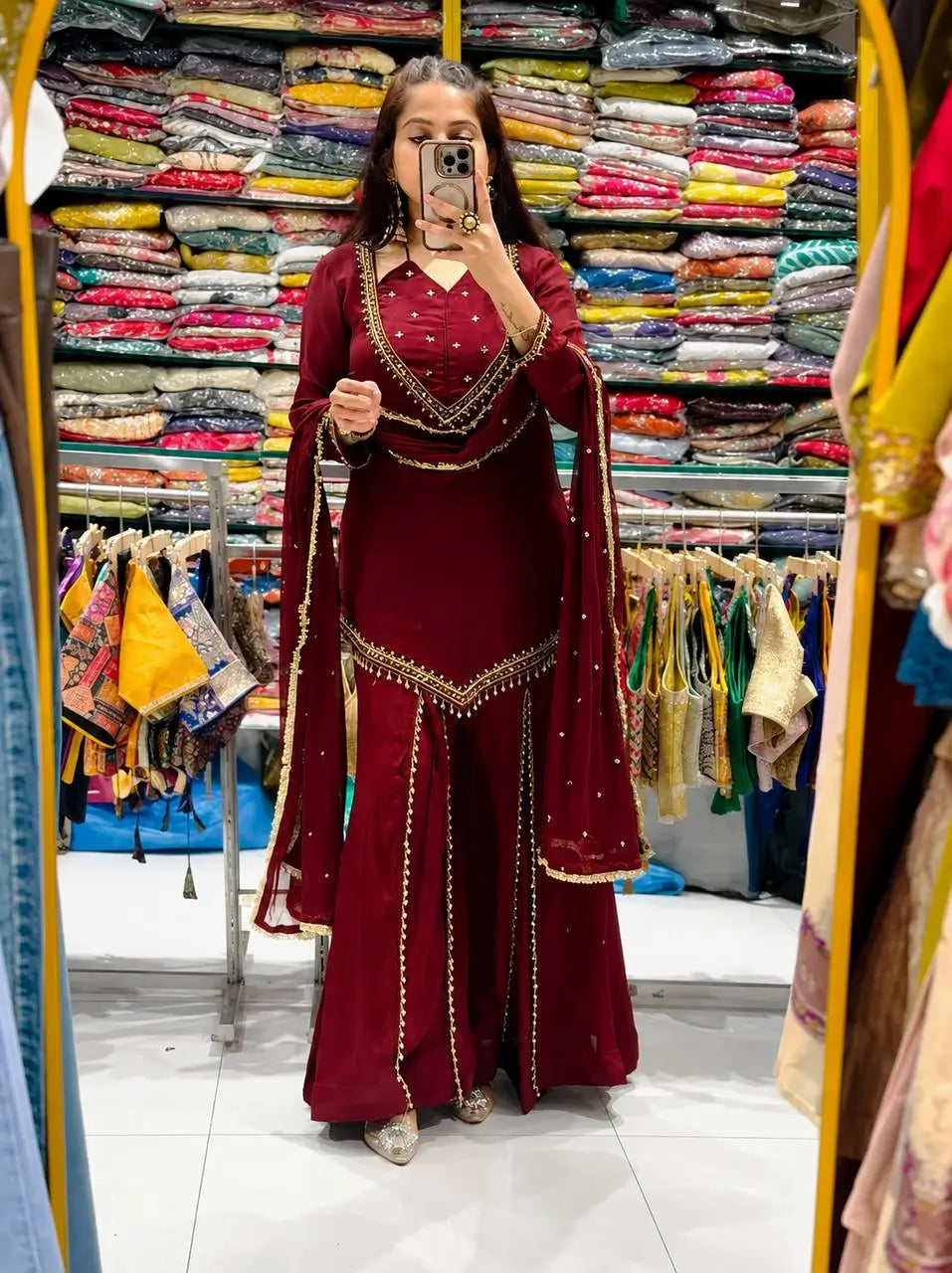 Maroon Mirror Work Palazzo Set