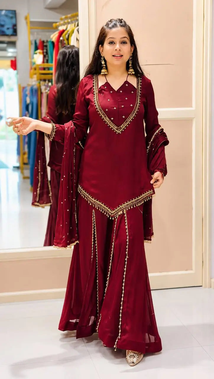 Maroon Mirror Work Palazzo Set