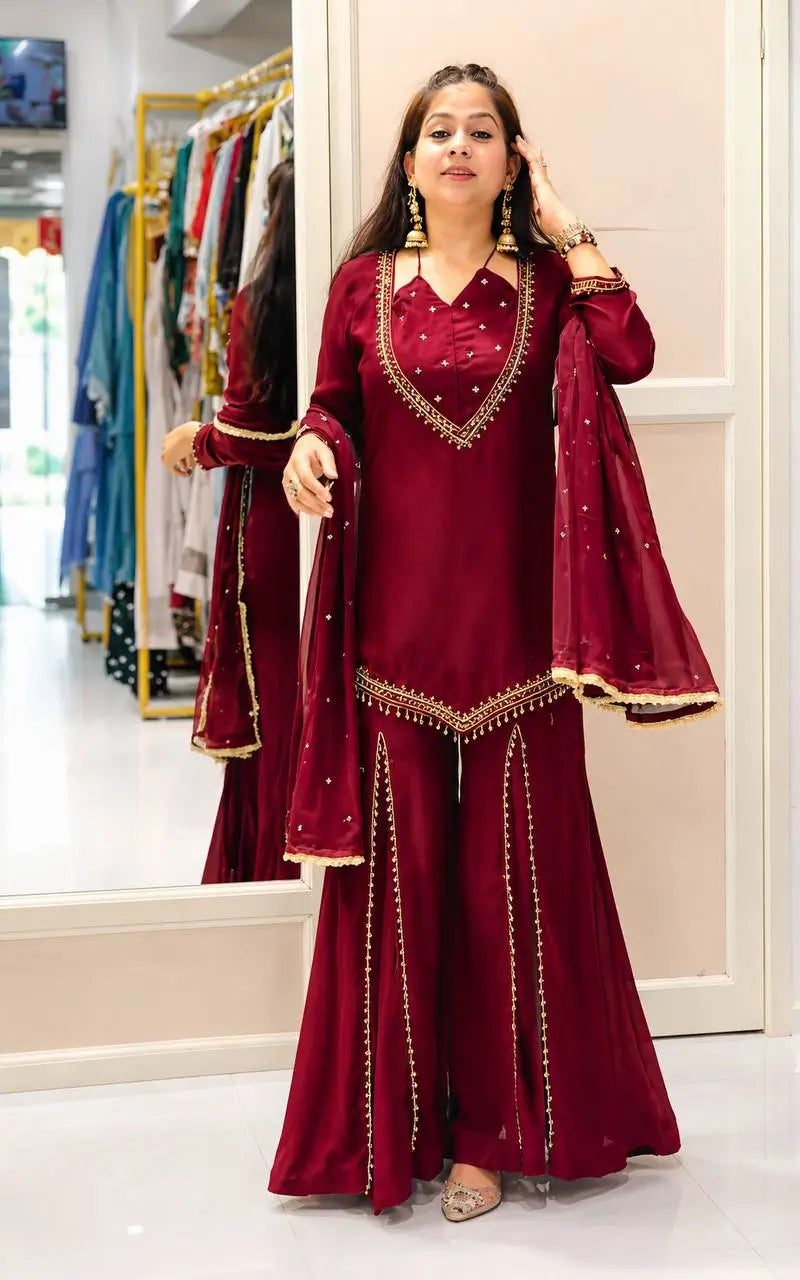 Maroon Mirror Work Palazzo Set