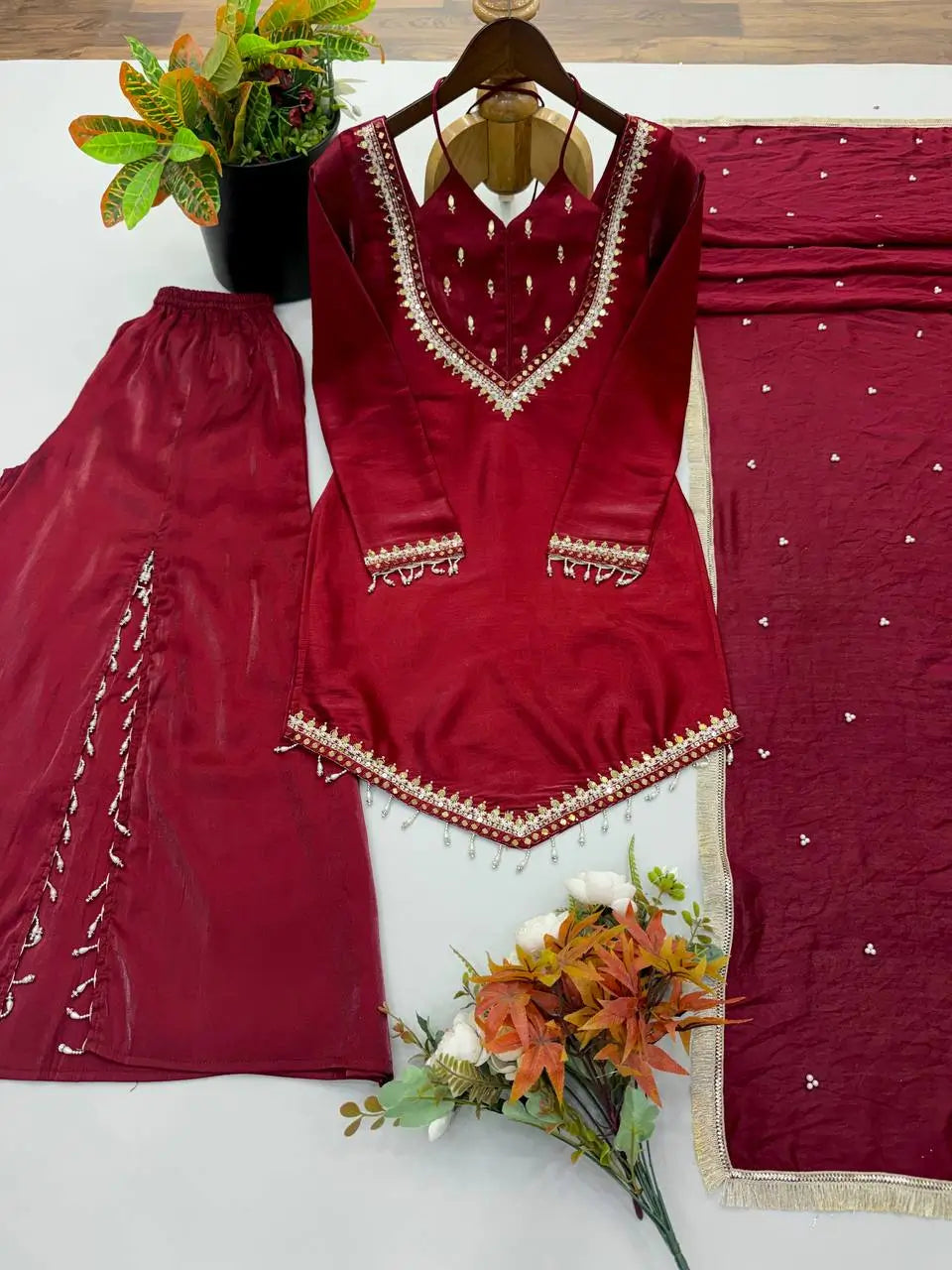 Maroon Mirror Work Palazzo Set