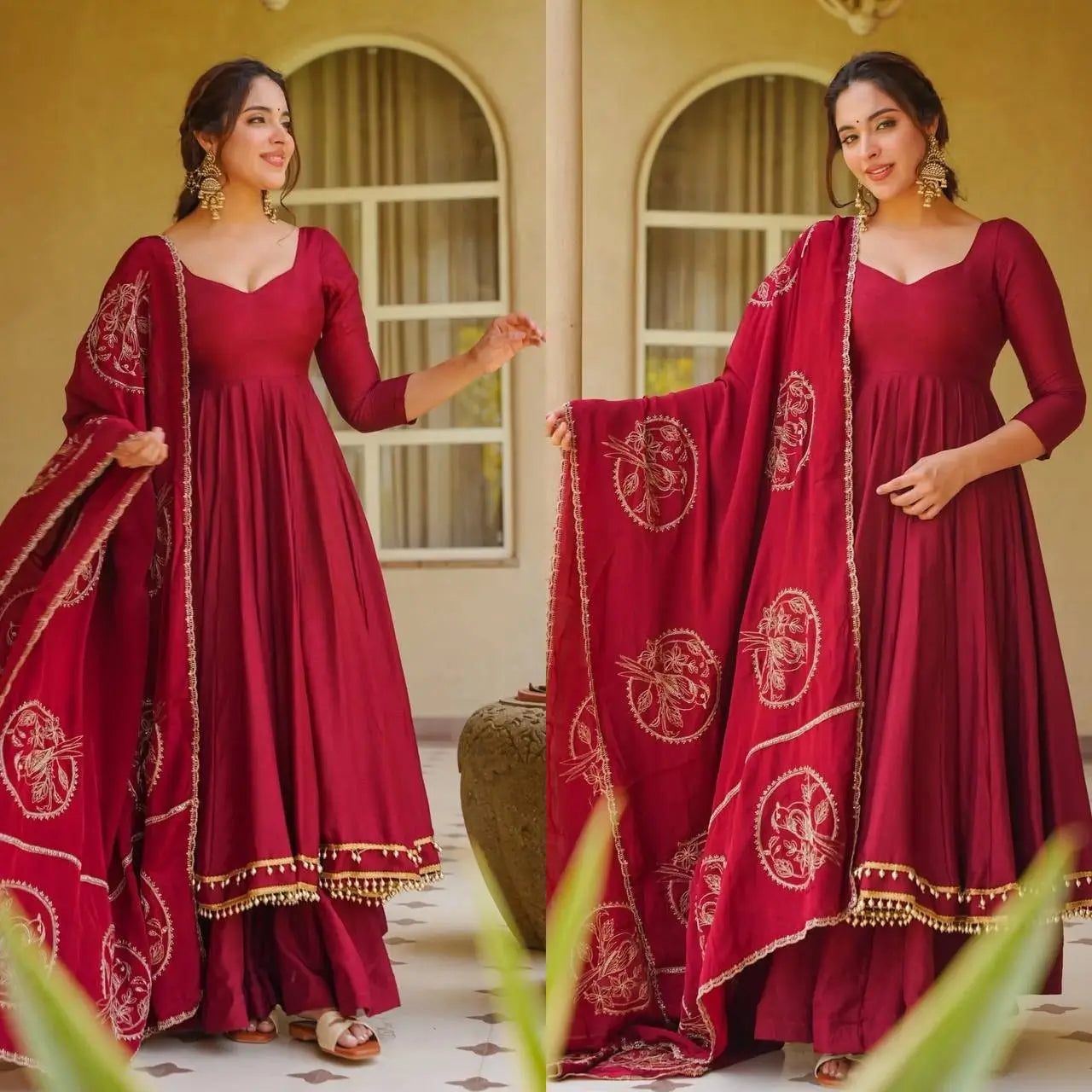 Maroon Roman Silk Anarkali