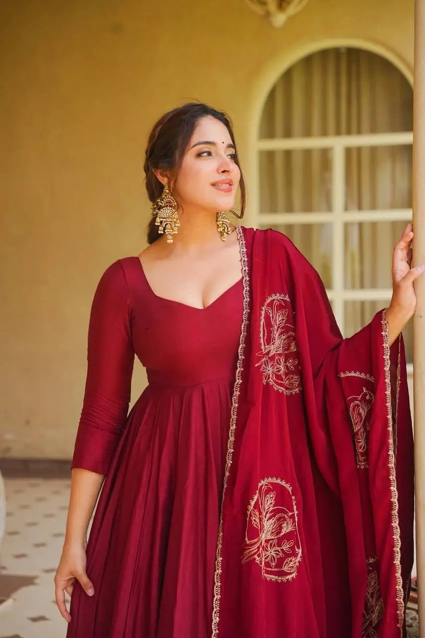 Maroon Roman Silk Anarkali