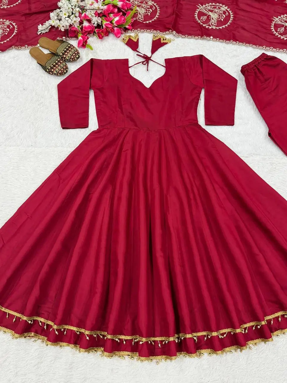 Maroon Roman Silk Anarkali