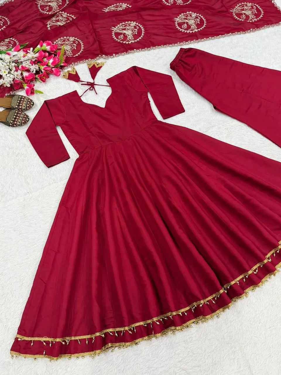 Maroon Roman Silk Anarkali
