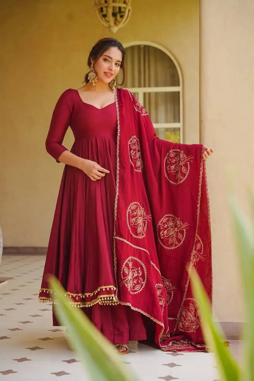 Maroon Roman Silk Anarkali