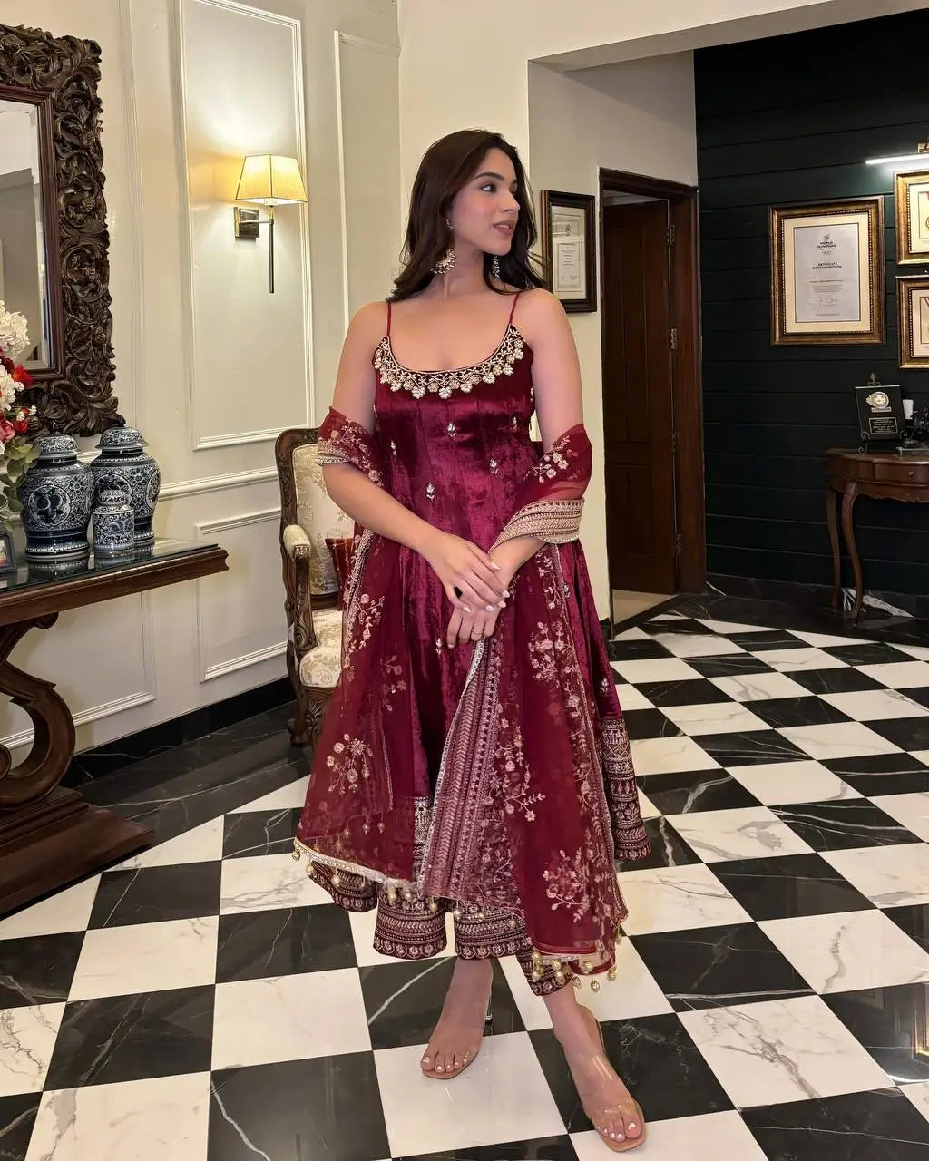 Maroon Vichitra Silk Embroidered Anarkali Gown Set with Dupatta