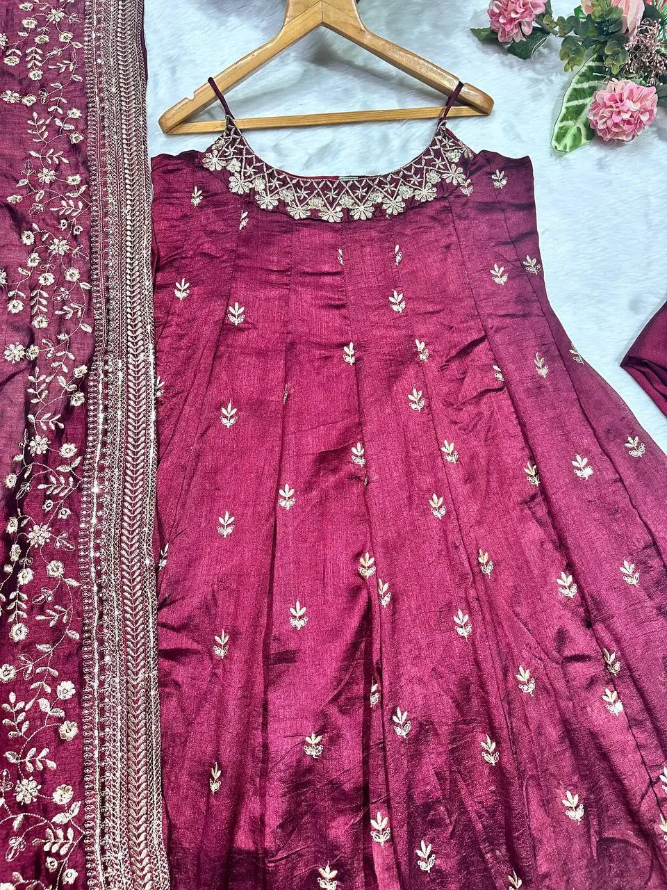 Maroon Vichitra Silk Embroidered Anarkali Gown Set with Dupatta