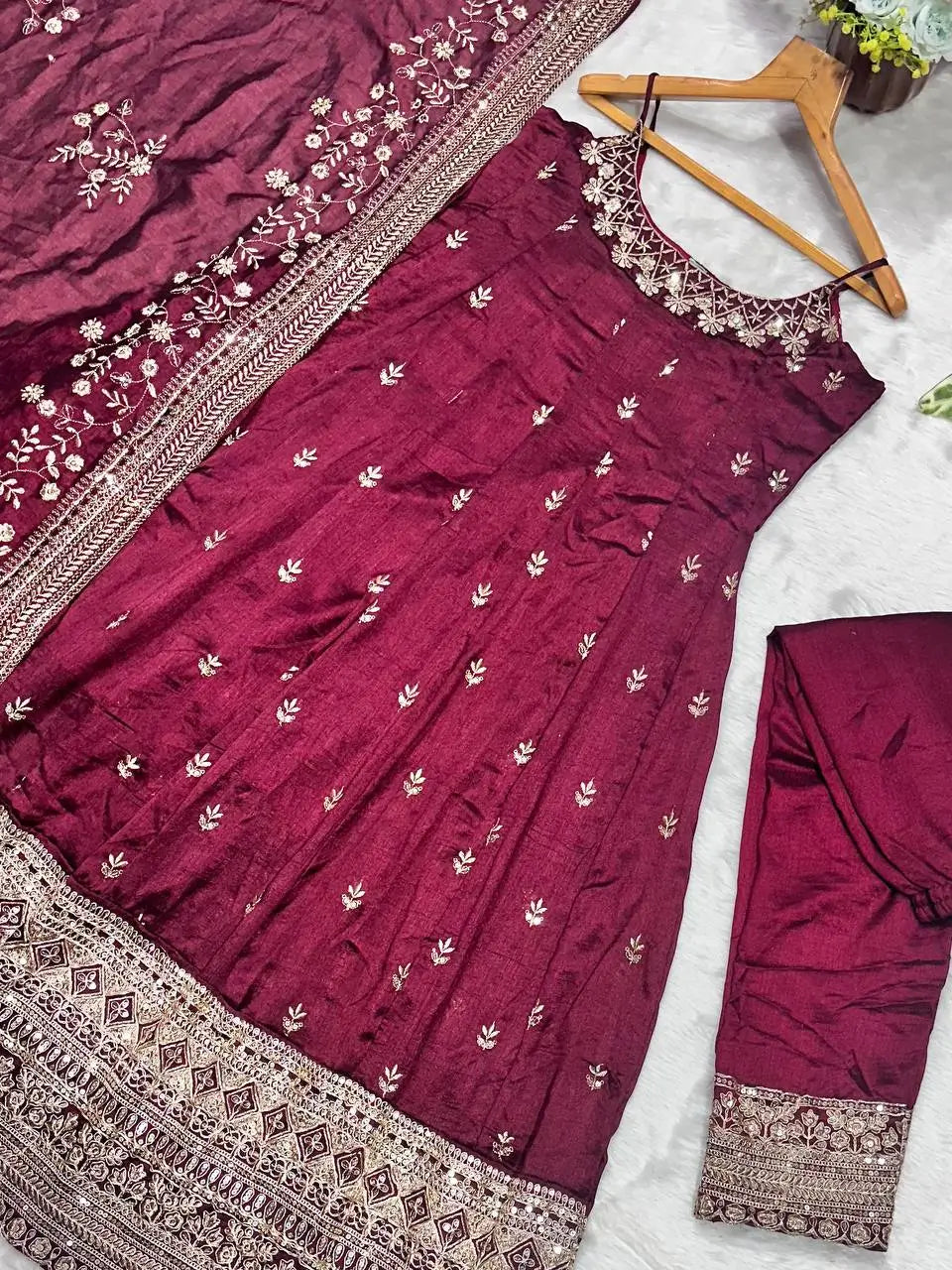 Maroon Vichitra Silk Embroidered Anarkali Gown Set with Dupatta