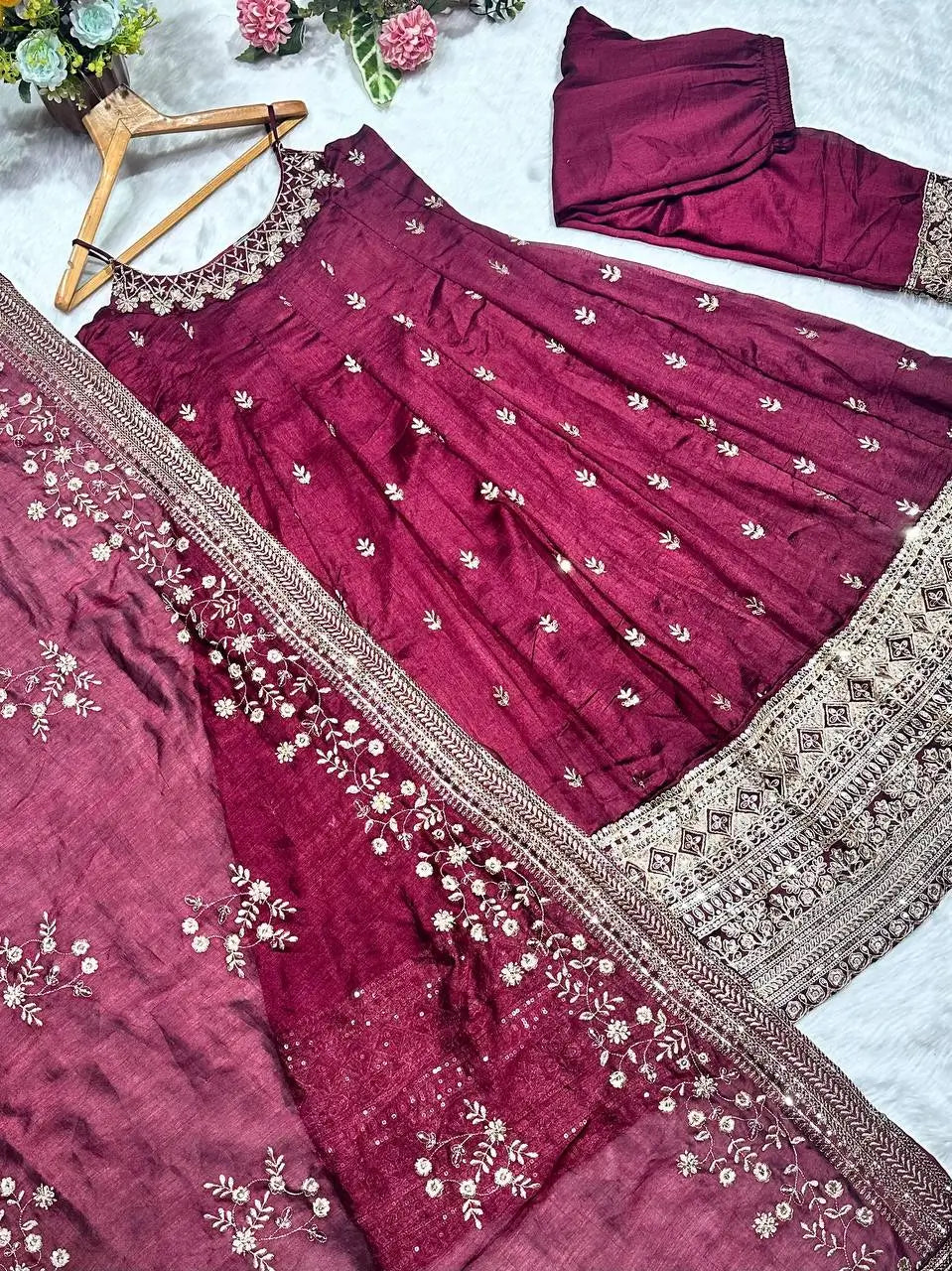 Maroon Vichitra Silk Embroidered Anarkali Gown Set with Dupatta