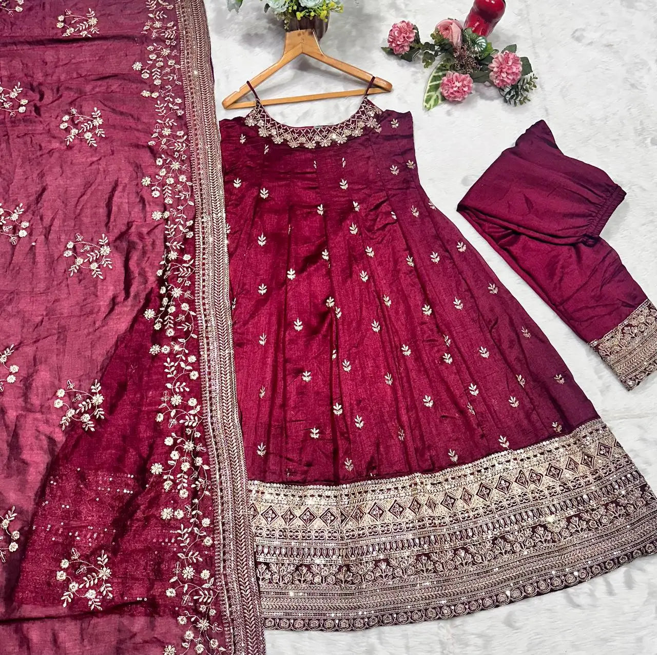Maroon Vichitra Silk Embroidered Anarkali Gown Set with Dupatta