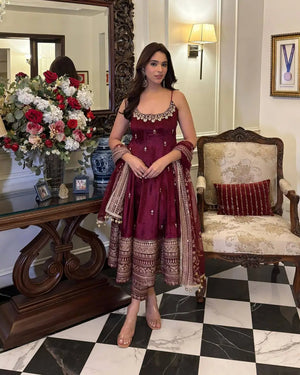 Maroon Vichitra Silk Embroidered Anarkali Gown Set with Dupatta