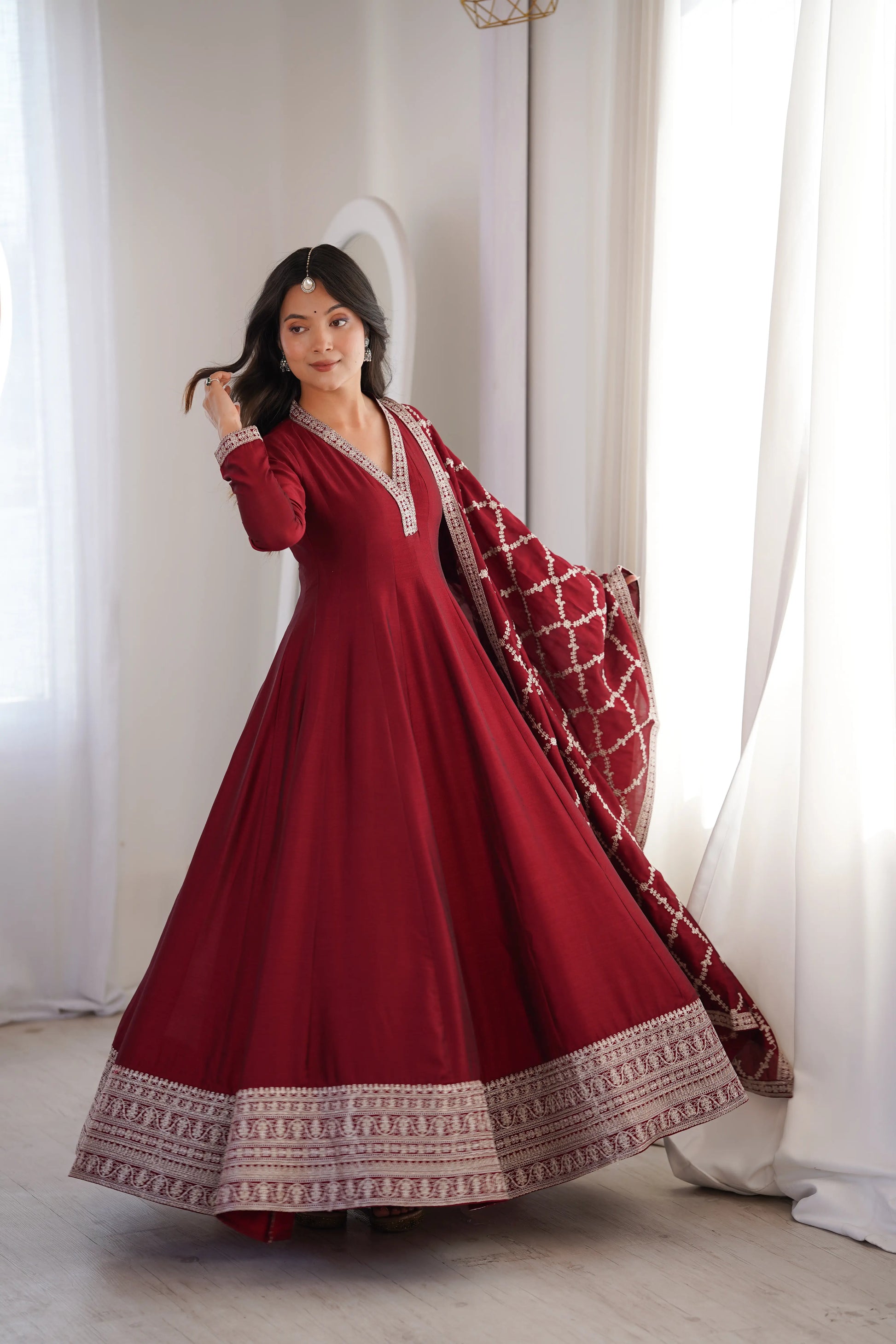 Maroon Vichitra Silk Full Flare Anarkali Gown Set for Festive and Wedding Wear