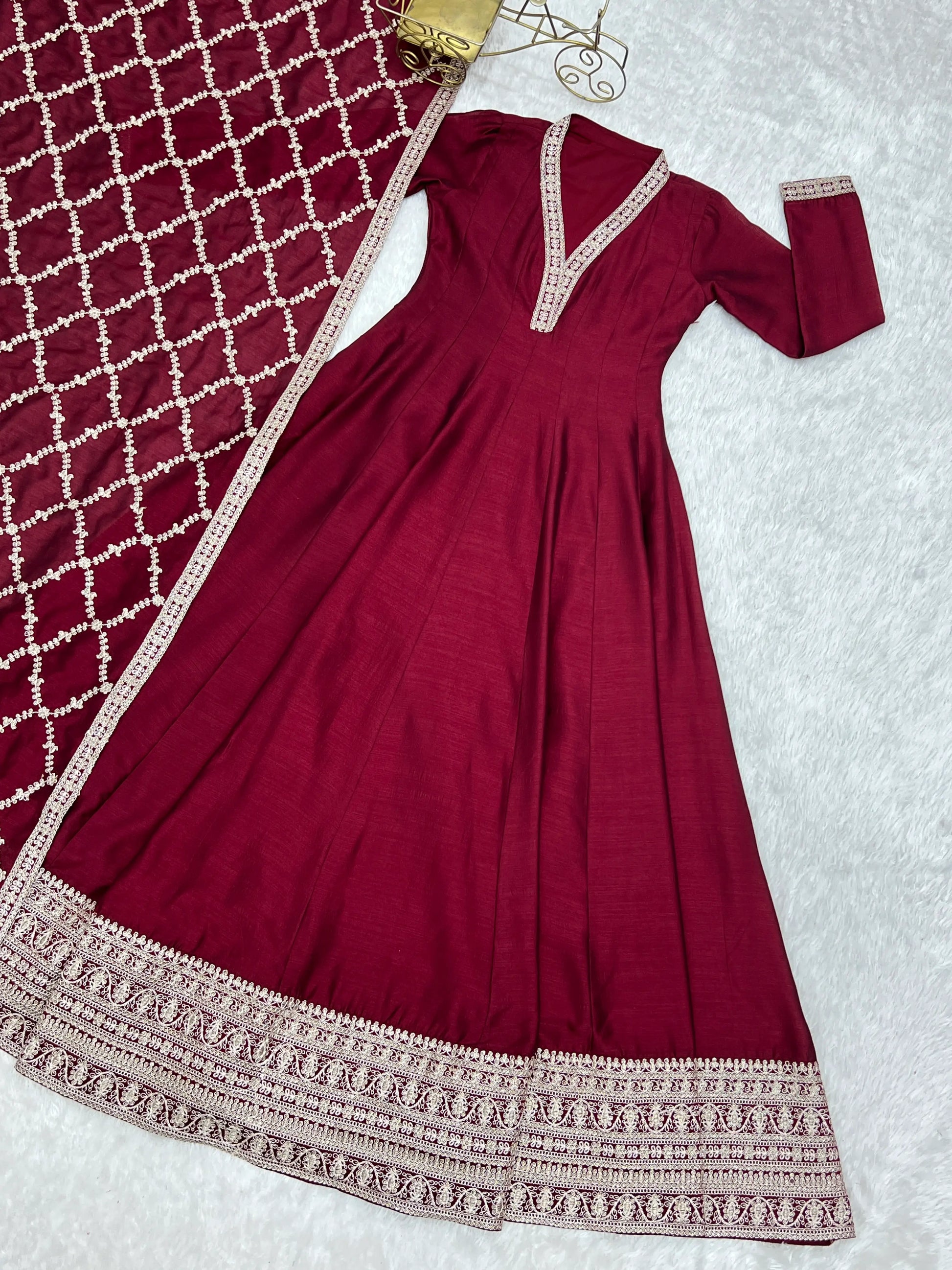 Maroon Vichitra Silk Full Flare Anarkali Gown Set for Festive and Wedding Wear