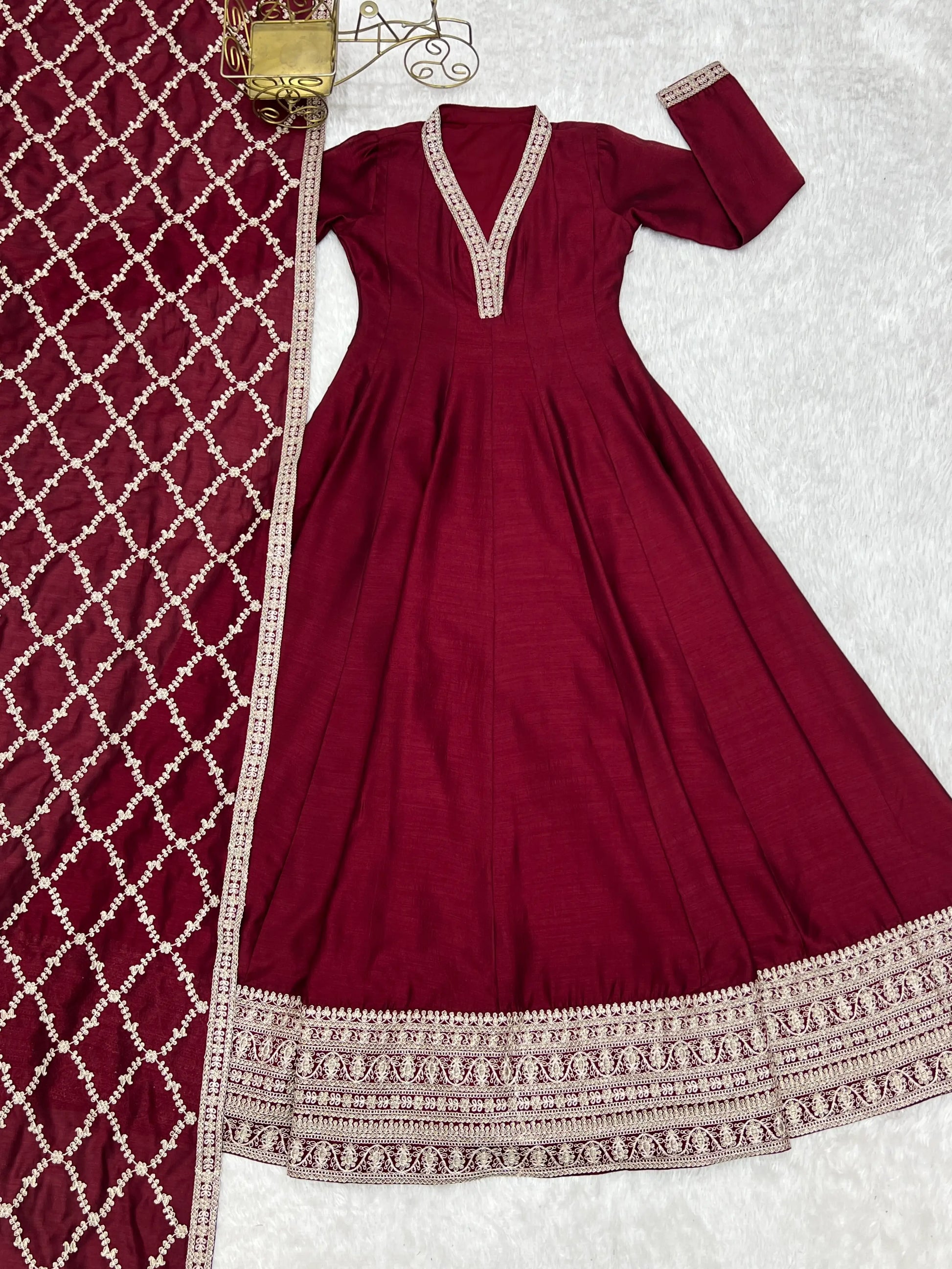 Maroon Vichitra Silk Full Flare Anarkali Gown Set for Festive and Wedding Wear