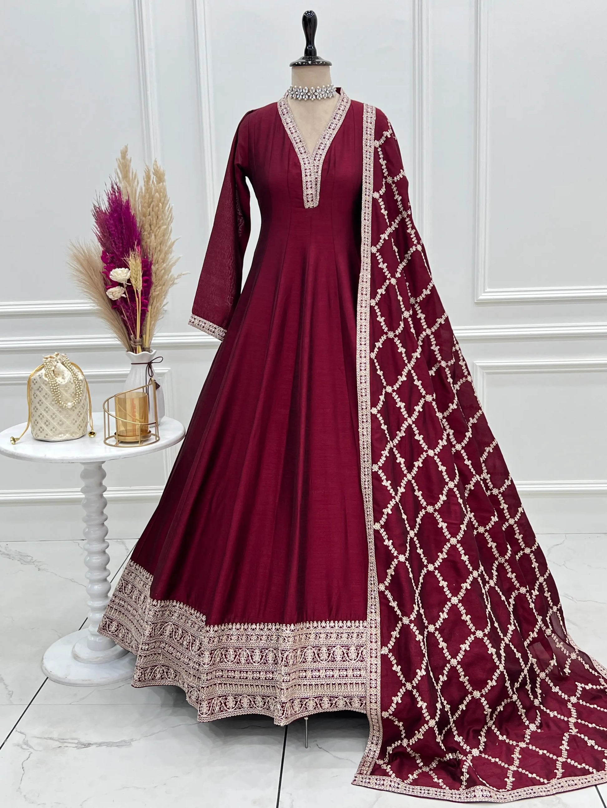 Maroon Vichitra Silk Full Flare Anarkali Gown Set for Festive and Wedding Wear