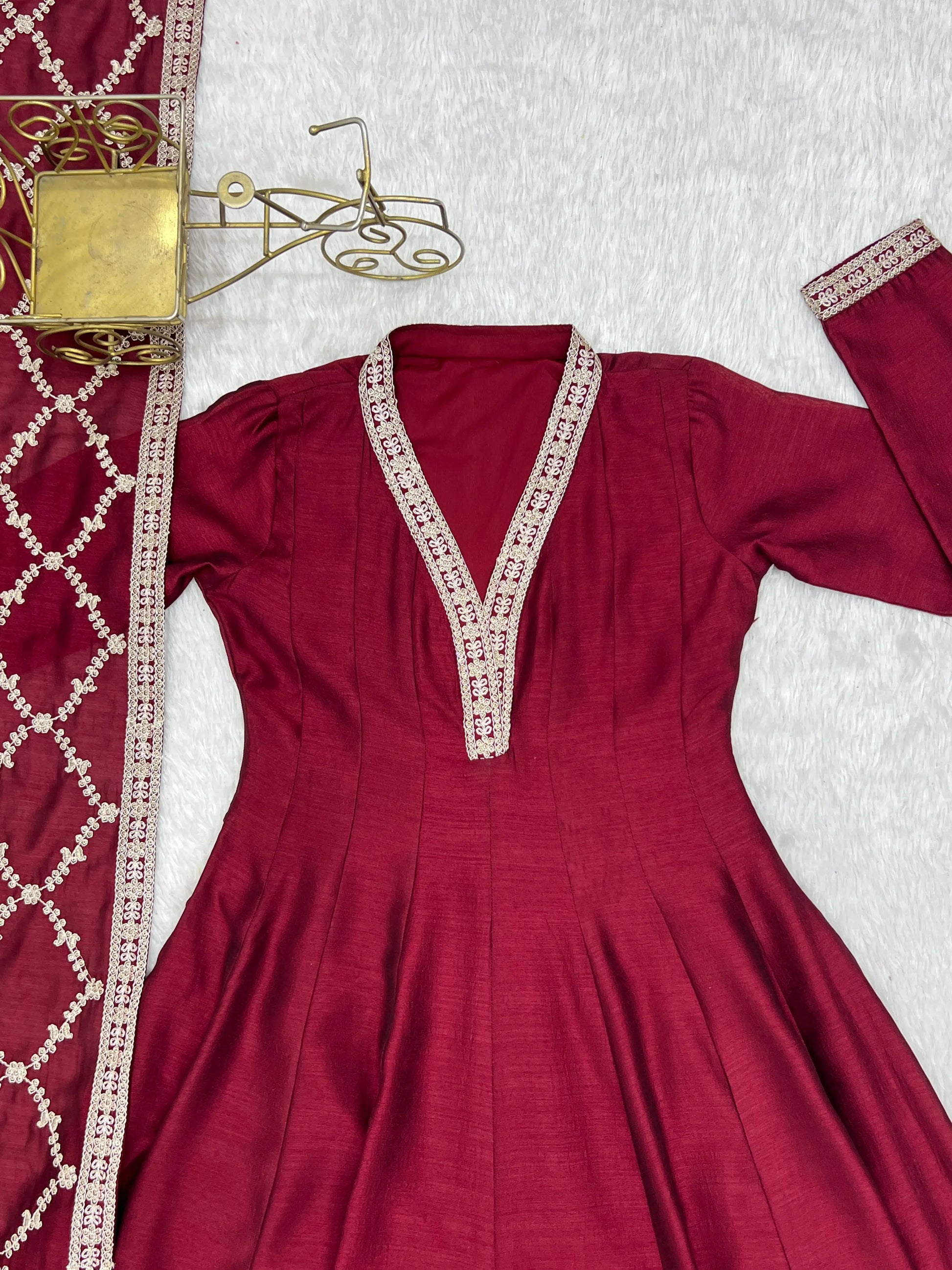 Maroon Vichitra Silk Full Flare Anarkali Gown Set for Festive and Wedding Wear